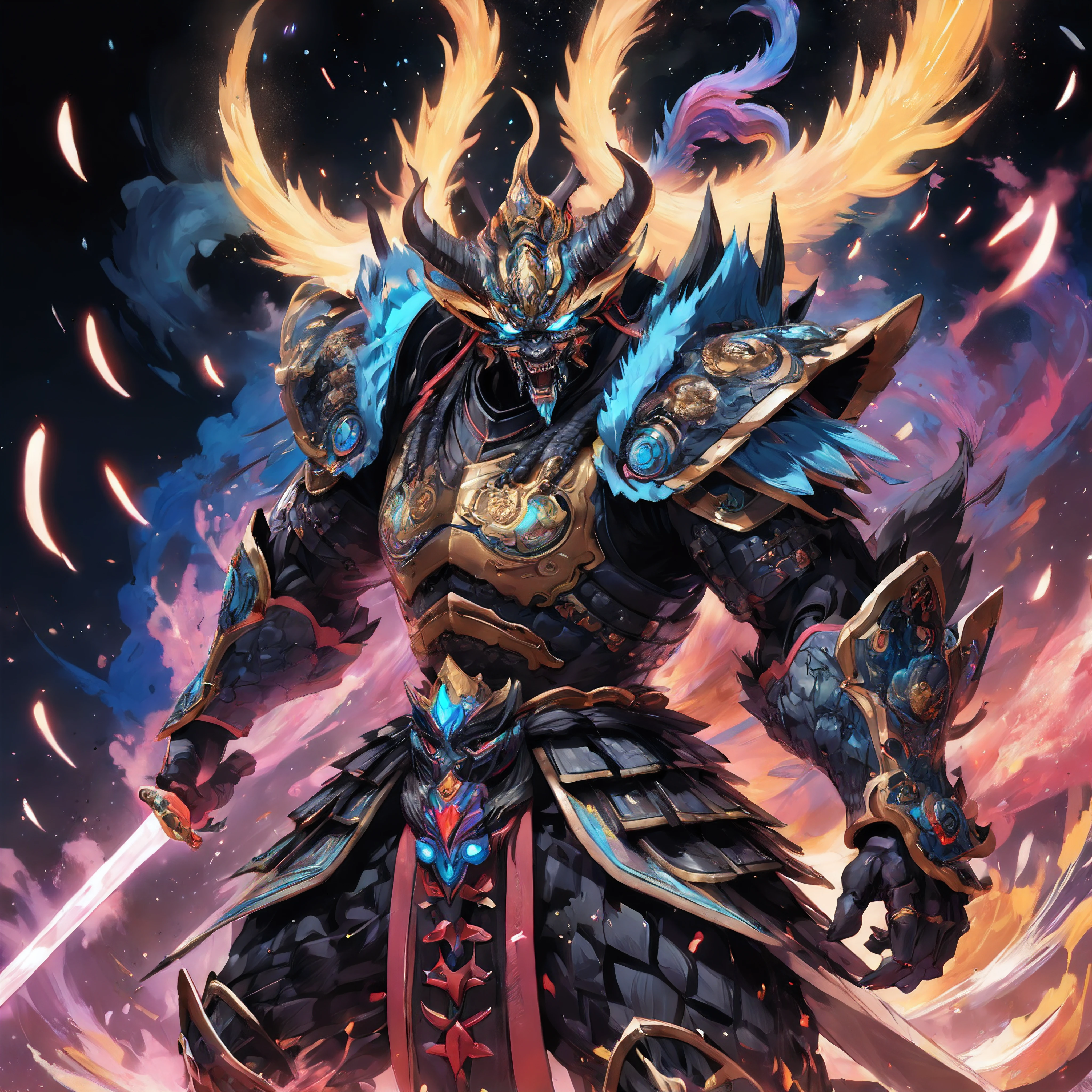 an ugly behemoth masked divinity samurai like creature in action and unleashing an attack against enemies,vincent van gogh style,fw murano style, full body GALAXY armour, plumes of jet black plumes smokes,vibrant colour blast, incredibly detailed, morbid, dark, key visuals, atmospheric, highly realistic, ultra wide epic shot --ar 3:4 --s 750