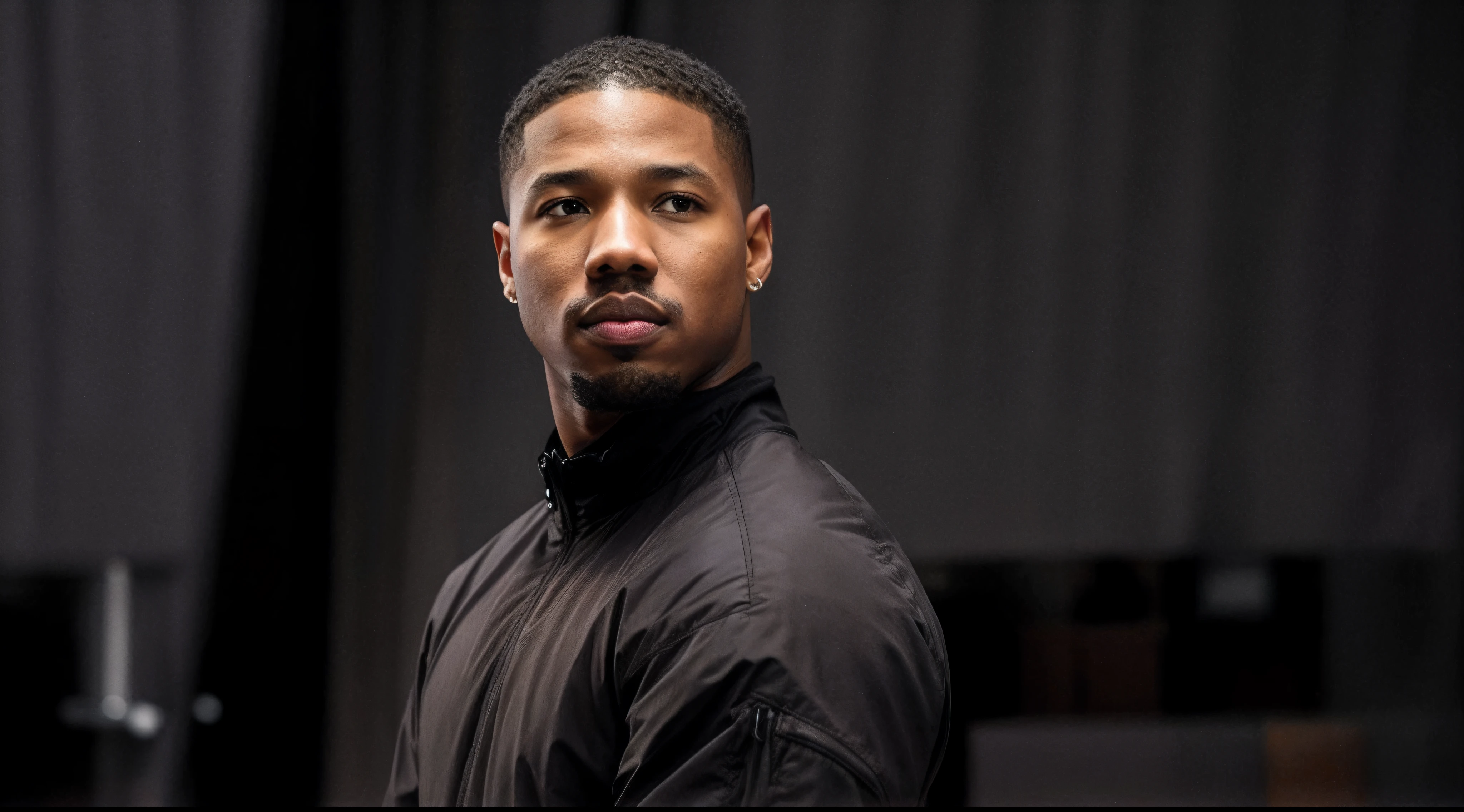 Man in black jacket standing in front of a curtain, fan favorite, olhar intenso, foto do perfil, imagem promocional, Fevereiro), taken in the early 2020s, olhando para o lado dele, looking serious, fim de uma era, QG, imagem de perfil, ator, promo ainda, !!Beautiful!!, morning hard light, Fanart, realista, Hiper realista, 8k, michael b jordan