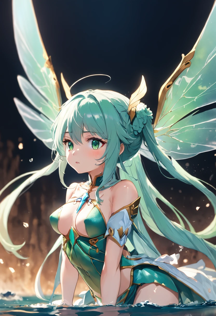obra prima, melhor qualidade, anatomicamente correto, aspecto de capa de anime, (1 mulher alada), (aquamarine green hair), dragonfly wings, (asas nas costas), orelhas pontudas, fada, graciosa, Medieval heroine, roupas folgadas
