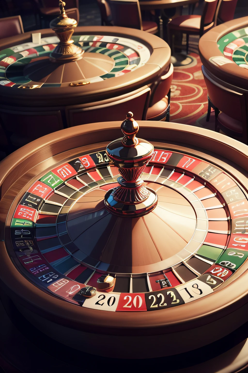A casino betting roulette wheel with details of money, millionaire betting casino environment, with luxury cars on the side with the sequence of odd and even numbers of the roulette wheel