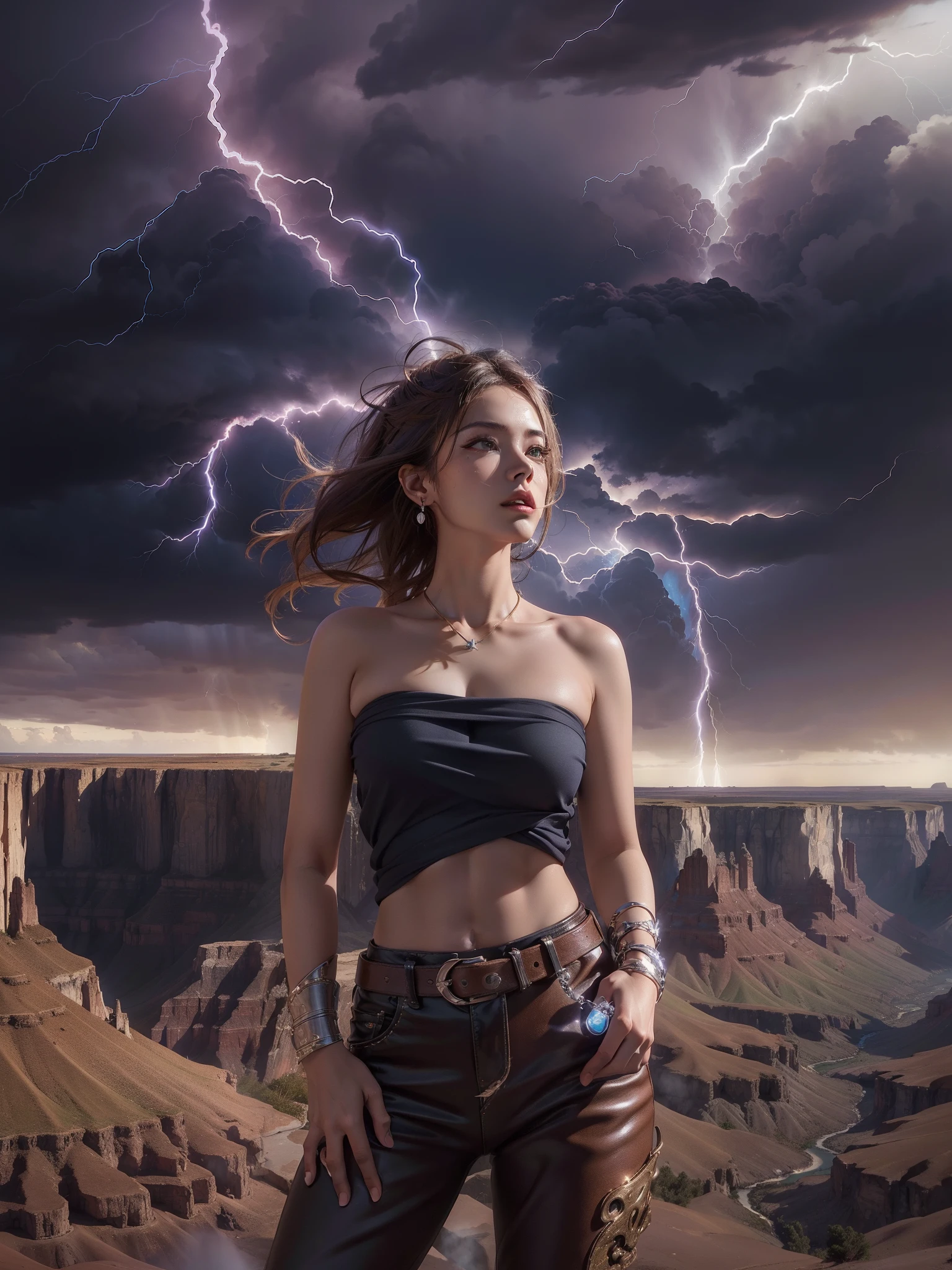 (((NFFSW))), (((masutepiece))), (((8K))),(((Focus on the whole body))), (((A high resolution))), (((surrealism))), (((Cinematic lighting))), god light, zoom layer, (((Cowboy shot))), f/4.0, kanon, Shiny skin,Detailed skin,Detailed face, Detailed eyes, Goddess of the Storm,Broken mini skirt, At the top of a huge canyon, The wind was blowing violently, Hair similar to the color of wind and lightning, nakeness, Bare chest, No top, Show off , Storm vortex pendant, Lightning earrings, Dark clouds loom like a storm, A thunderous scene