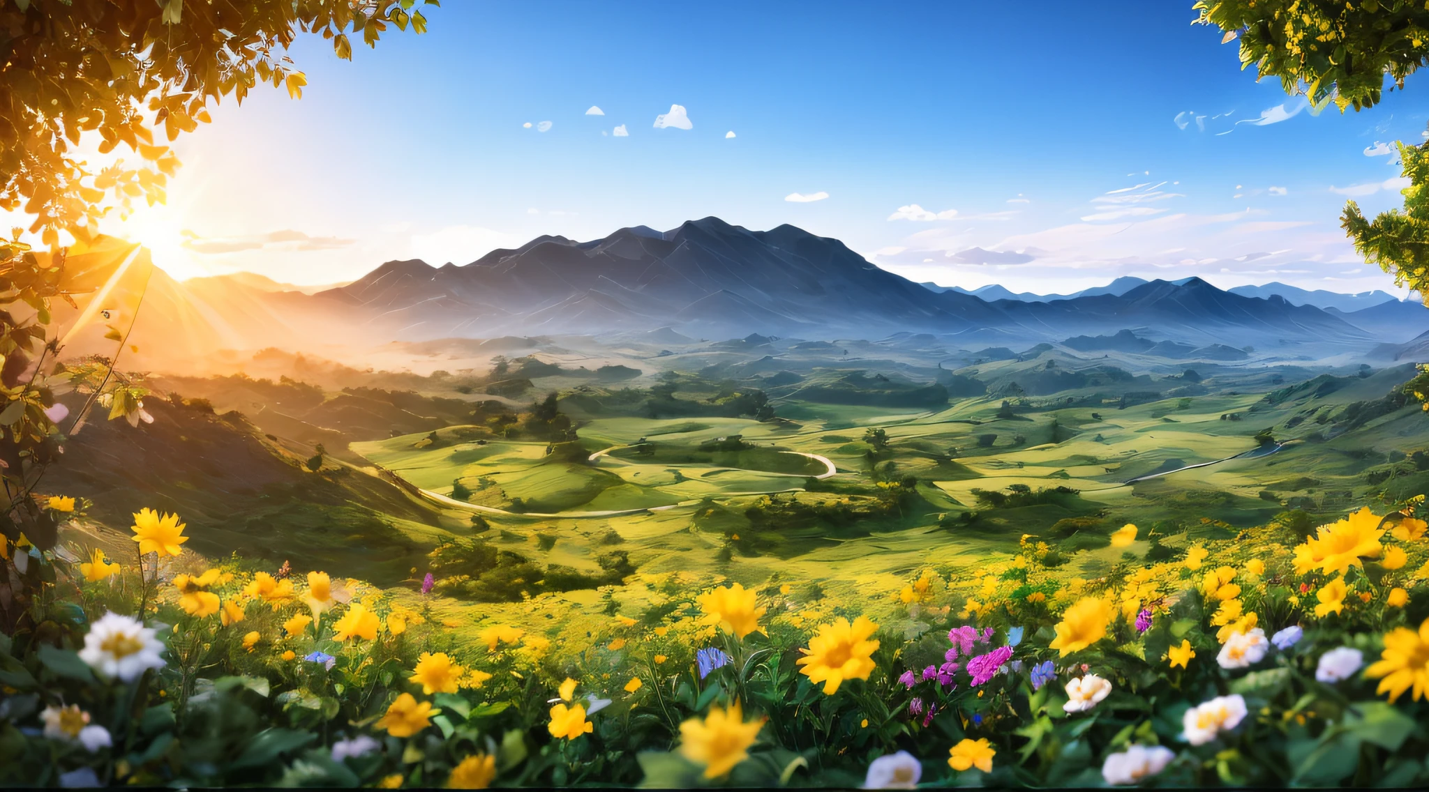 valley of green mountains, hills, plains with flowers trees with fruits, rays of light descending from the sky, masterpiece, high quality, high quality, highly detailed CG 8k wallpaper unit, award-winning photos, bokeh, depth of field, HDR, bloom, chromatic aberration, realistic, very detailed, trend in artstation, trend in CGsociety, complex, high detail, dramatic, art in the middle of the journey, Volumetric lighting
