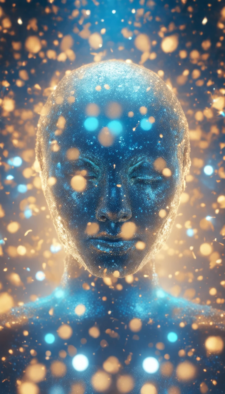 Multiple human heads in blurry image with blue and white gradient background, with gleaming and shiny particles lightly golden, backround desfocado, light particles in soft and bright volumetric haze, floating dust particles, com luzes azuis brilhantes, Fundo fora de foco, poeira brilhante brilhante no ar, particles floating in a hollow circle