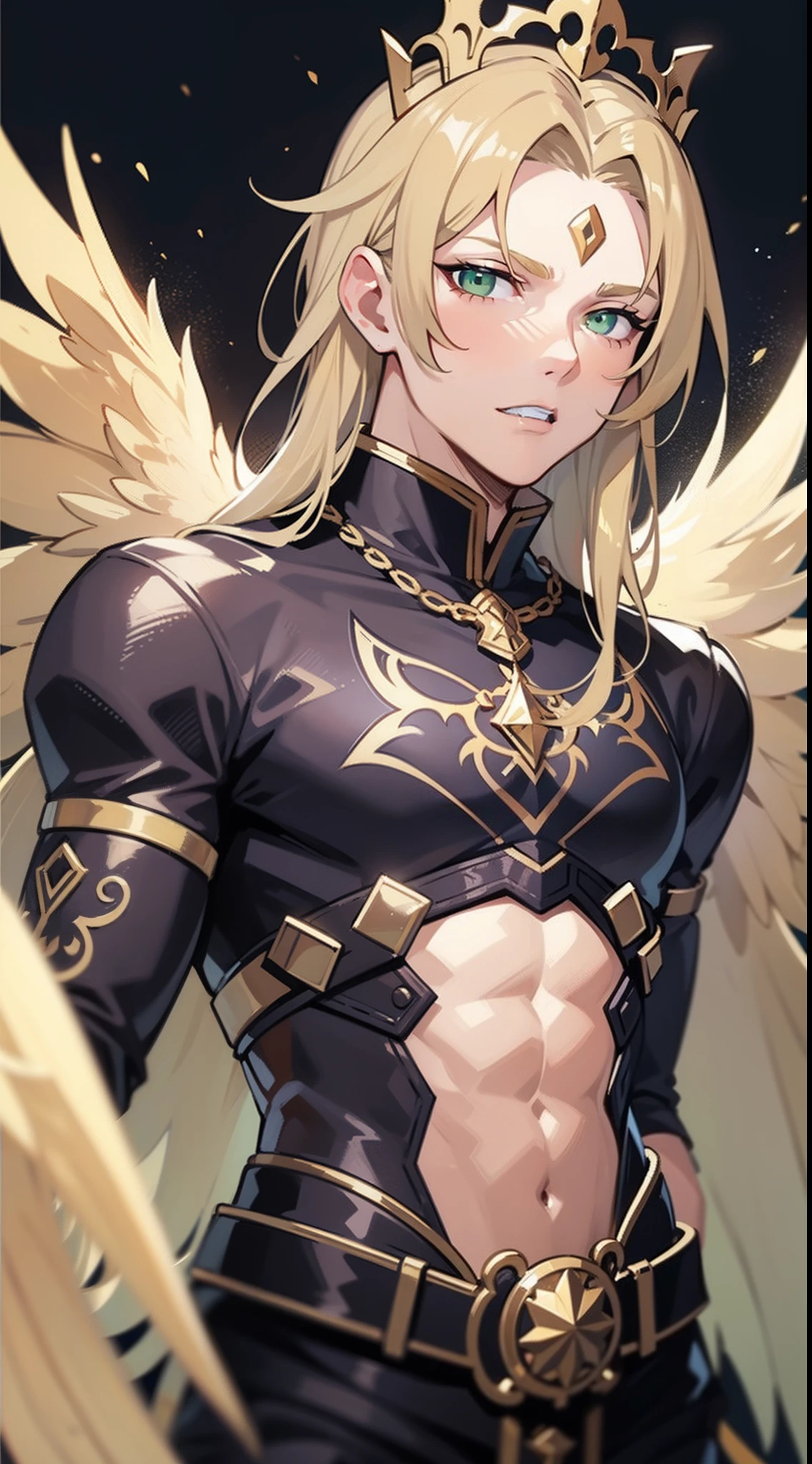adult man, longue blonde hair, Green eyes, eye on the forehead, Toothed crown, open torso, King-God, wings, Masterpiece, hiquality