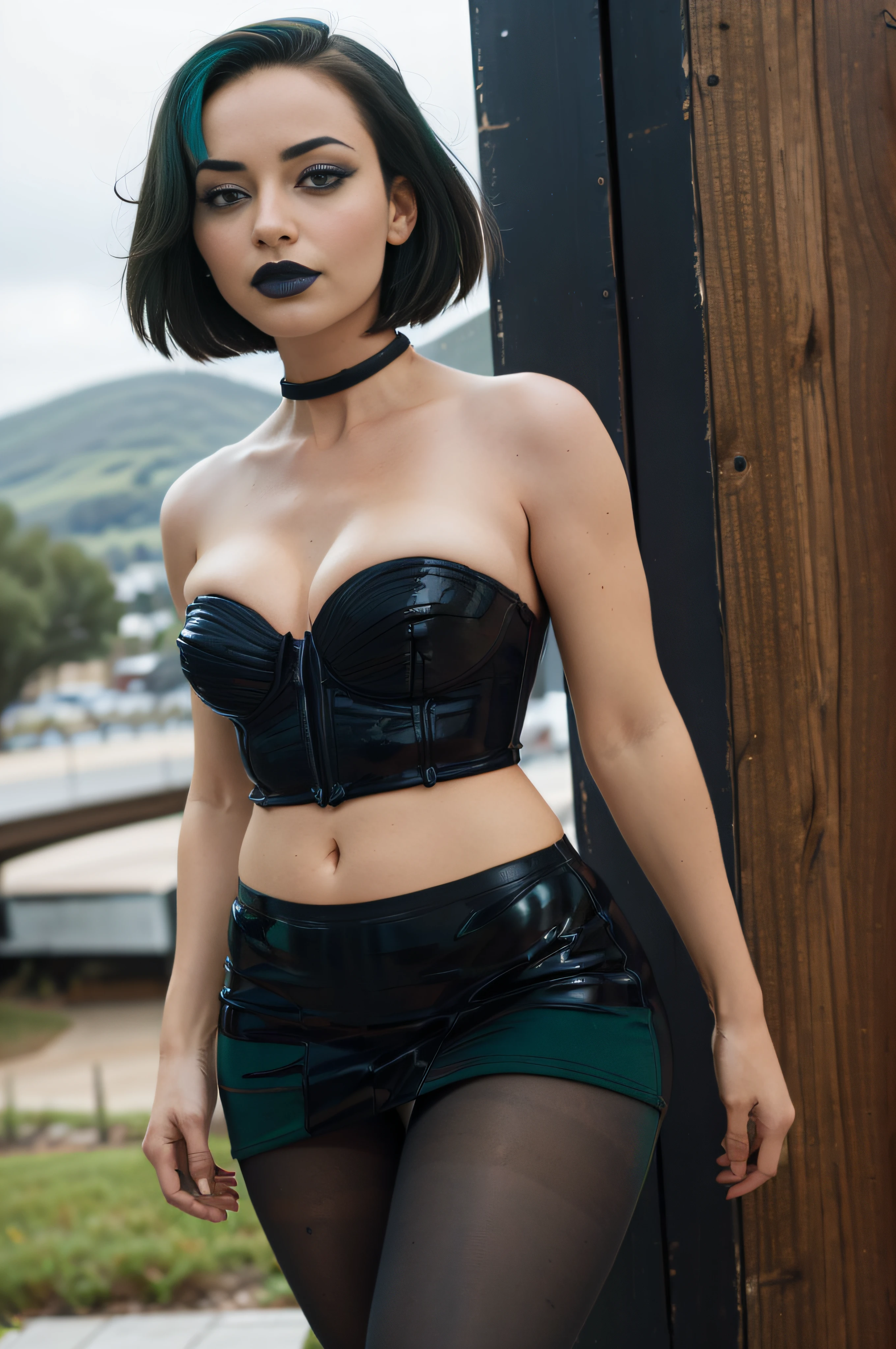 (masterpiece, best quality:1.2),  gwen (total drama), 1girl, pantyhose, breasts, solo, cleavage, skirt, green hair, black nails, choker, short hair, black skirt, makeup, brown eyes, gothic, black choker, medium breasts, thighs, green lips, lipstick, navel, bangs, midriff, miniskirt, nail polish, lips, black lips, shirt, parted lips, upskirt, ass, pencil skirt, brown pantyhose, eyeshadow, straight-on, portrait, standing, outdoors