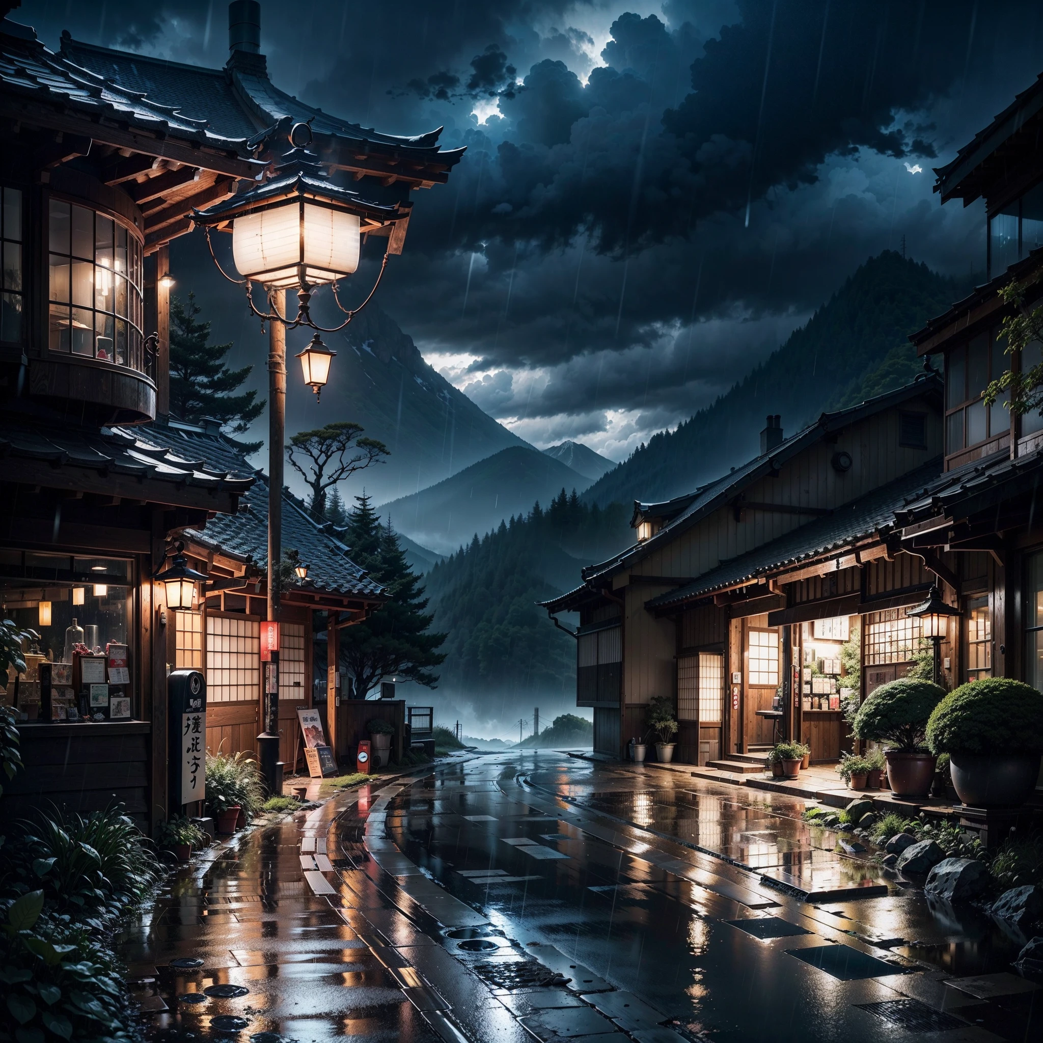 japan, modern Japanese gas station by the side of a road in the mountains, modern Japanese architecture, night-time, rain, best quality, (no one: 1), anime, anime style, lofi, dramatic weather, Japanese shop signs, lofi style, no other building, vegetation, woods, puddles of water, heavy rainfall, neon signs, plant pots, lanterns, lamps, storm, gloomy weather, dramatic weather, rain, raining, puddles, heavy rain, falling rain drops,