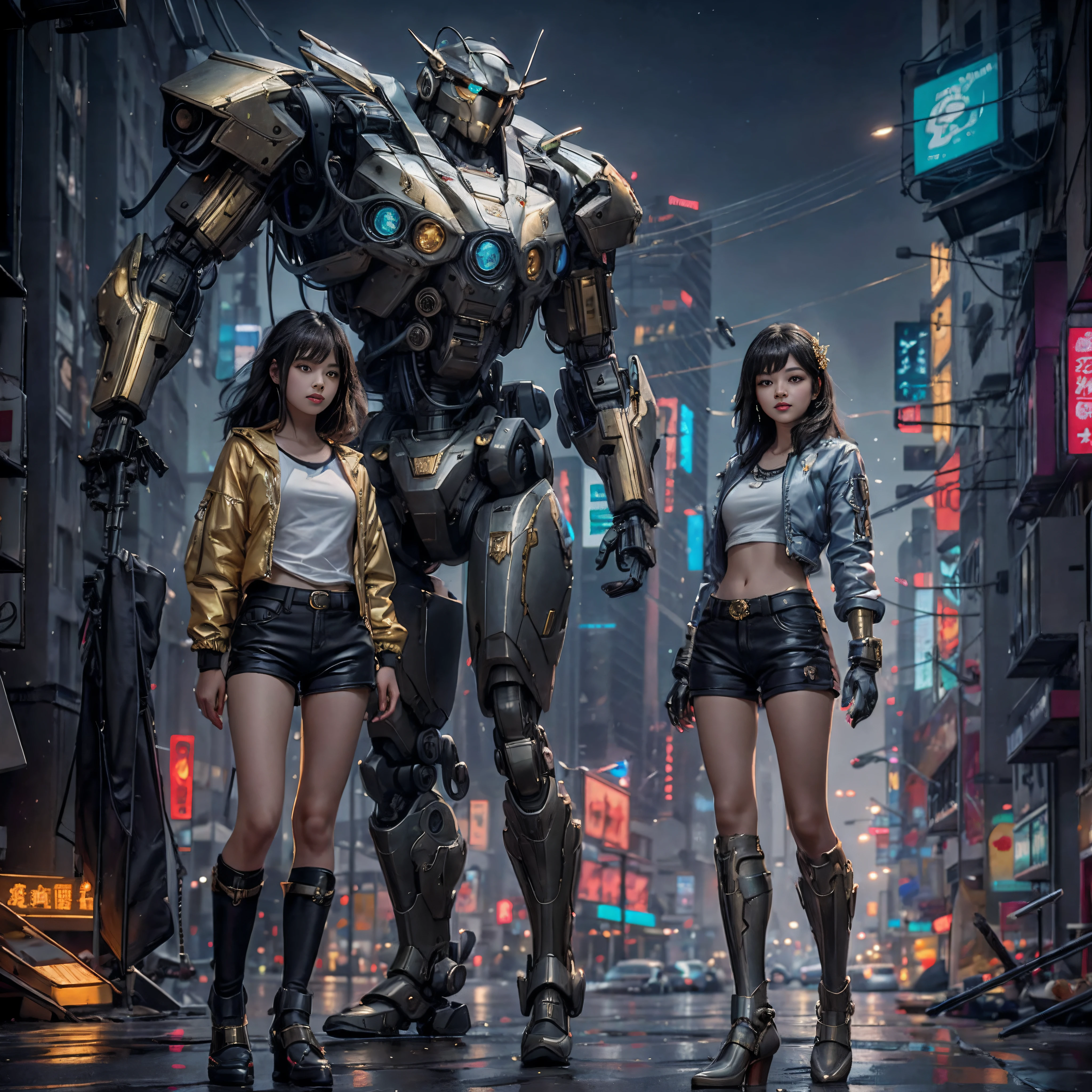 Boutique,best quality,Gold jewelry,(slip out feet),Fairy skin,(Fidelity :1.2),Standing,Super Detailed,realistic,High quality,Movie Light,Ray tracking,Ultra HD,Upper body
Girl in shorts and jacket standing next to giant robot, Guweiz style artwork, CyberPunk mech, Trends on CGSTATION, Guweiz, Girl in mecha network armor, Shot on Nikon D850,,35mmlens, 800ISO,film grain, diffused light, street light, rim light