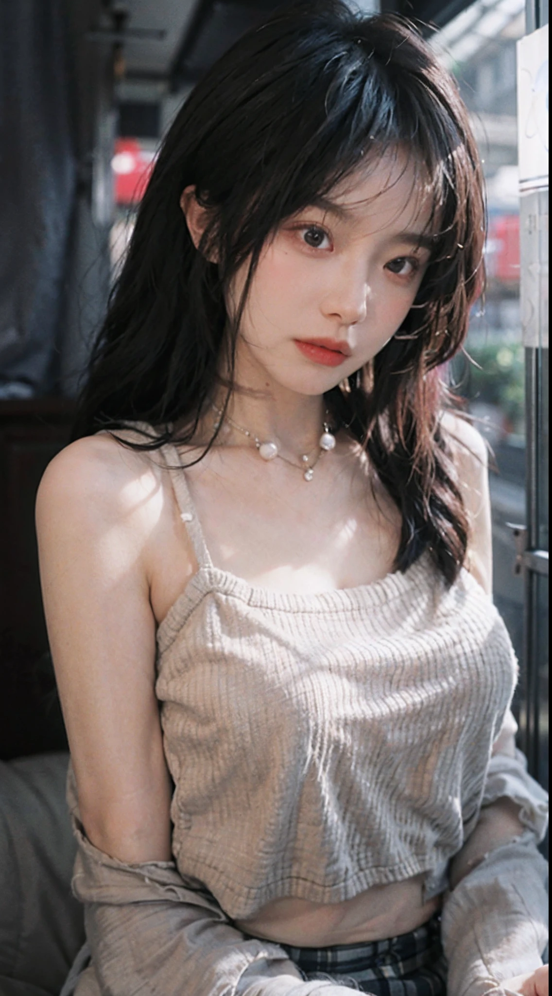 best qualtiy， 超高分辨率， （realisticlying：1.4），Baoyu Girl，1girll, with long coiled hair，Blushlush，Looking into the distance，nedium breasts，Cropped red sweater，a sense of atmosphere，Beautiful woman with a slim figure:1.4, Pronounced abs，Ultra-fine face，Elaborate Eyes，二重まぶた，choker necklace
