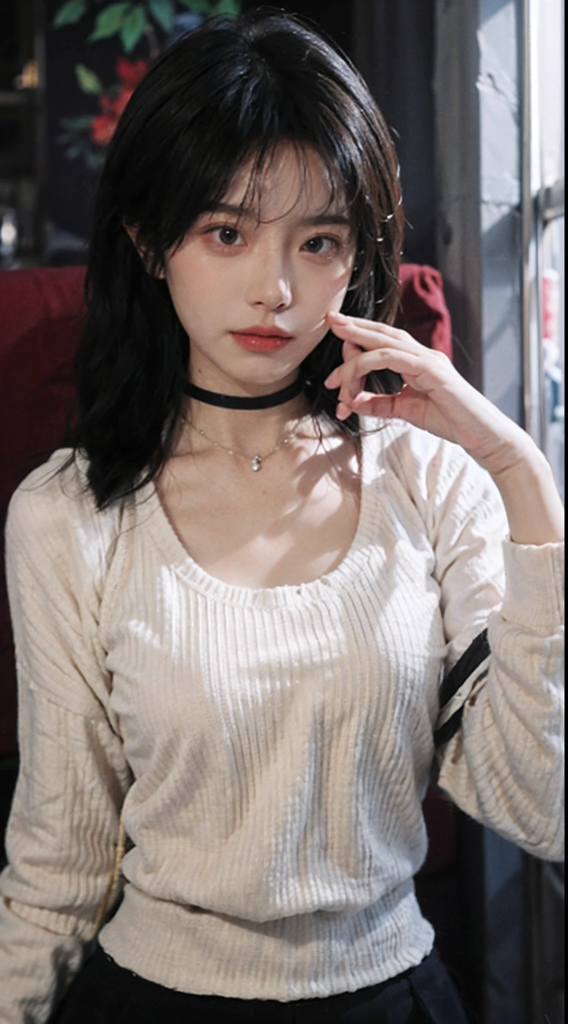 best qualtiy, 超高分辨率, (realisticlying:1.4),Baoyu Girl,1girll, with long coiled hair,Blushlush,Looking into the distance,nedium breasts,Cropped red sweater,a sense of atmosphere,Beautiful woman with a slim figure:1.4, Pronounced abs,Ultra-fine face,Elaborate Eyes,二重まぶた,choker necklace