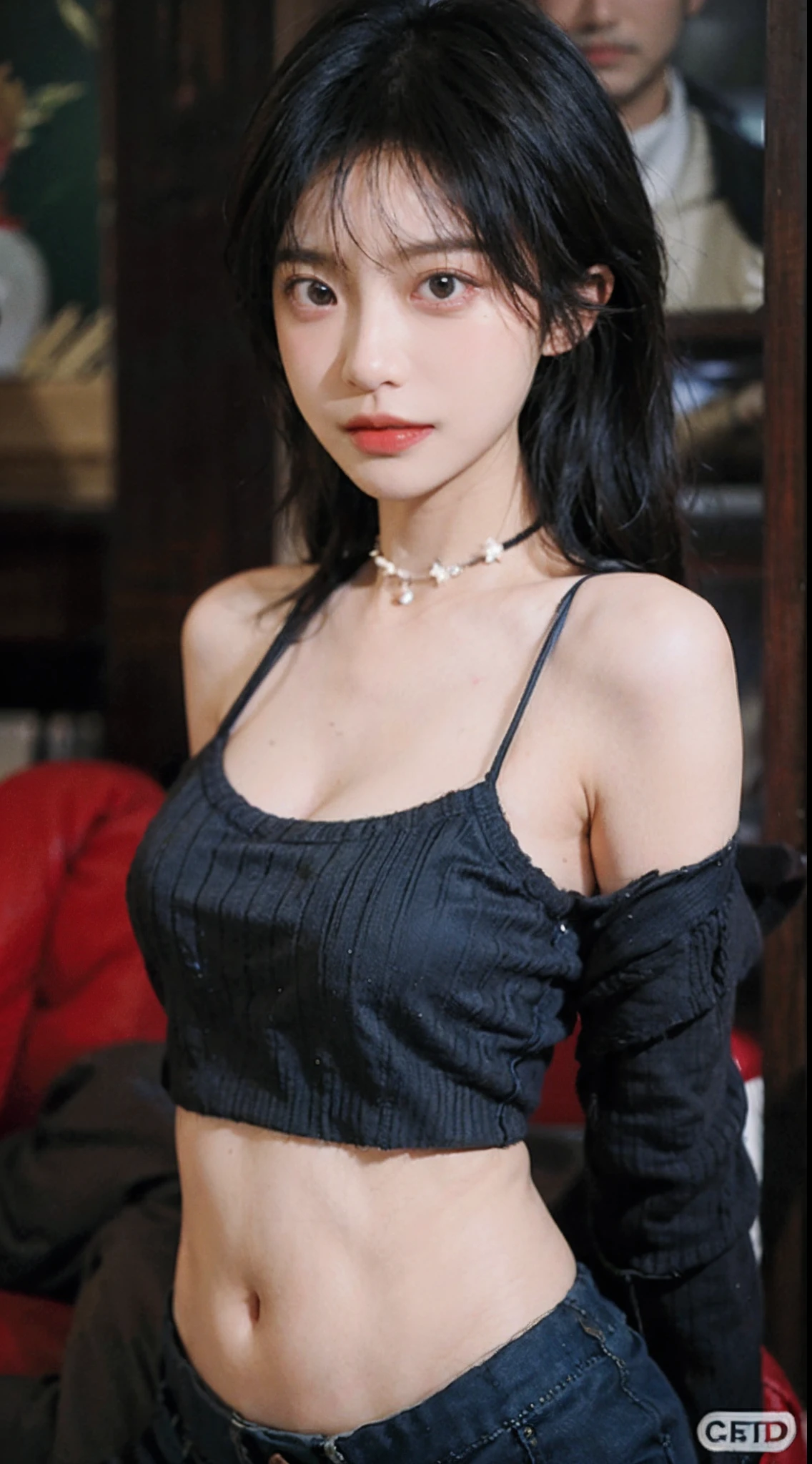 best qualtiy, 超高分辨率, (realisticlying:1.4),Baoyu Girl,1girll, with long coiled hair,Blushlush,Looking into the distance,nedium breasts,Cropped red sweater,a sense of atmosphere,Beautiful woman with a slim figure:1.4, Pronounced abs,Ultra-fine face,Elaborate Eyes,二重まぶた,choker necklace