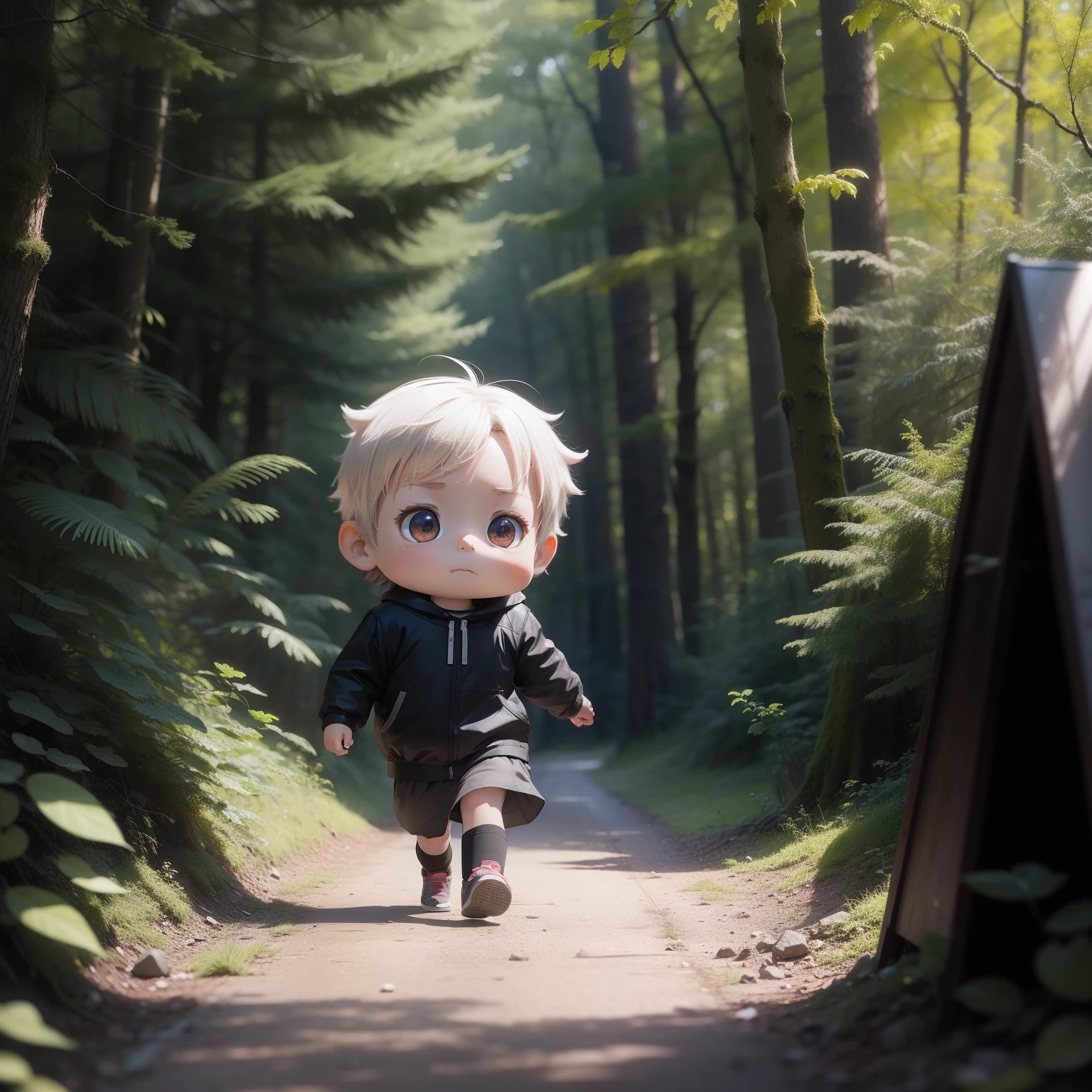 Chibi Anime Grandfather Chasing something, high quality photograph, CCTV Video - Raw Style - AR 2:3 - 200 Years In the fairytale forest