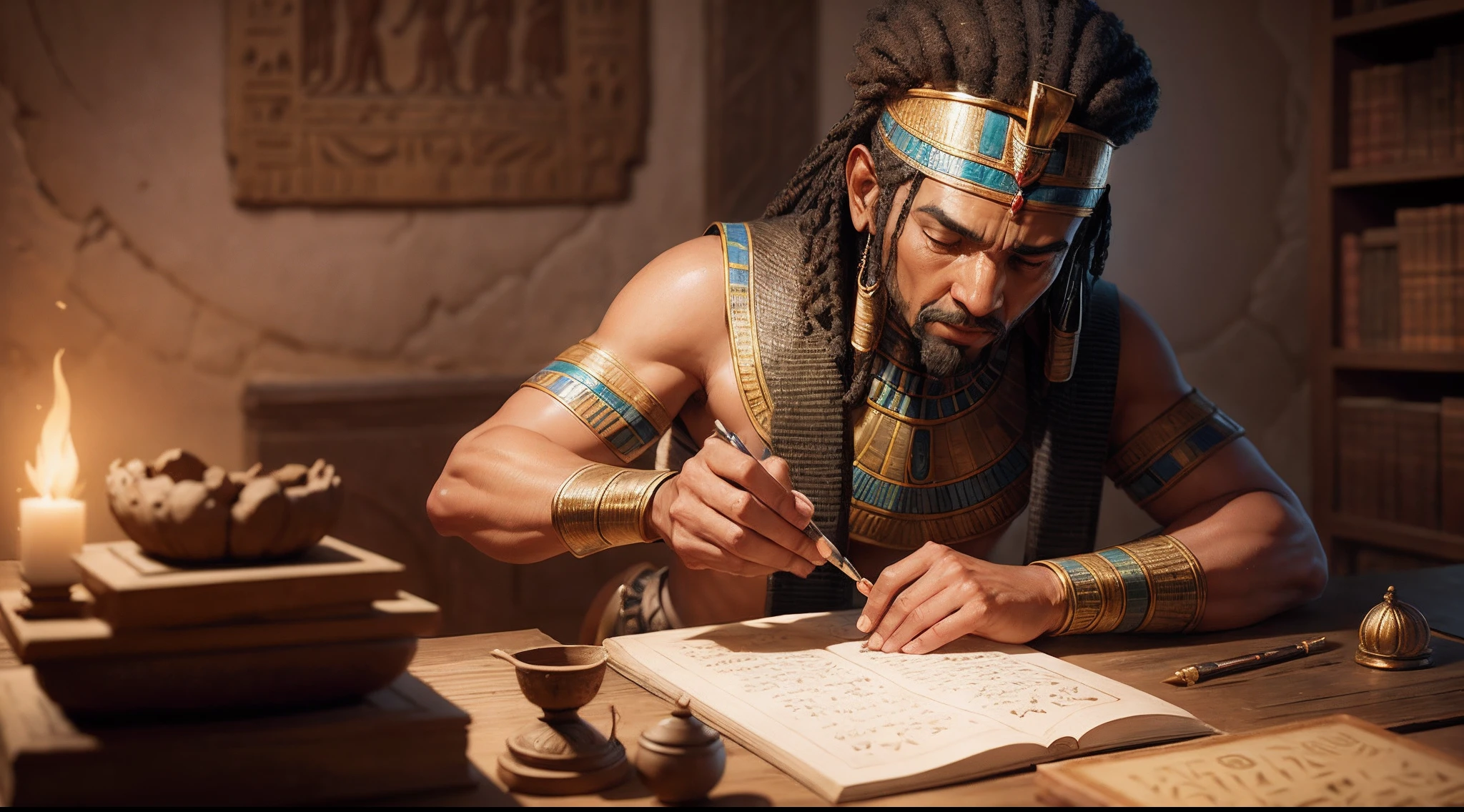 A knowledgeable scholar from ancient Egypt, engrossed in deciphering the secrets of long-lost prosperity, meticulously inscribing on ancient clay tablets.