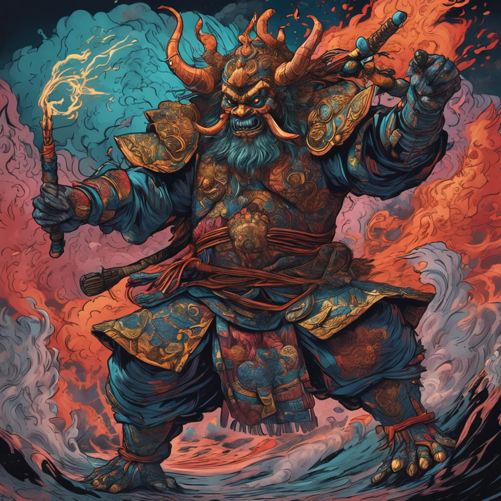 An ugly giant masked samurai deity as a creature in action and unleashing an attack on enemies,Estilo Vincent van Gogh,Estilo FW Murano, armadura GALAXY de corpo inteiro, smoke plumes from black jet plumes,explosion of vibrant colors, incrivelmente detalhado, morbid, Escuro, Principais elementos visuais, Atmospheric, altamente realista, Ultra Wide Epic Shooting --AR 3:4 --s 750