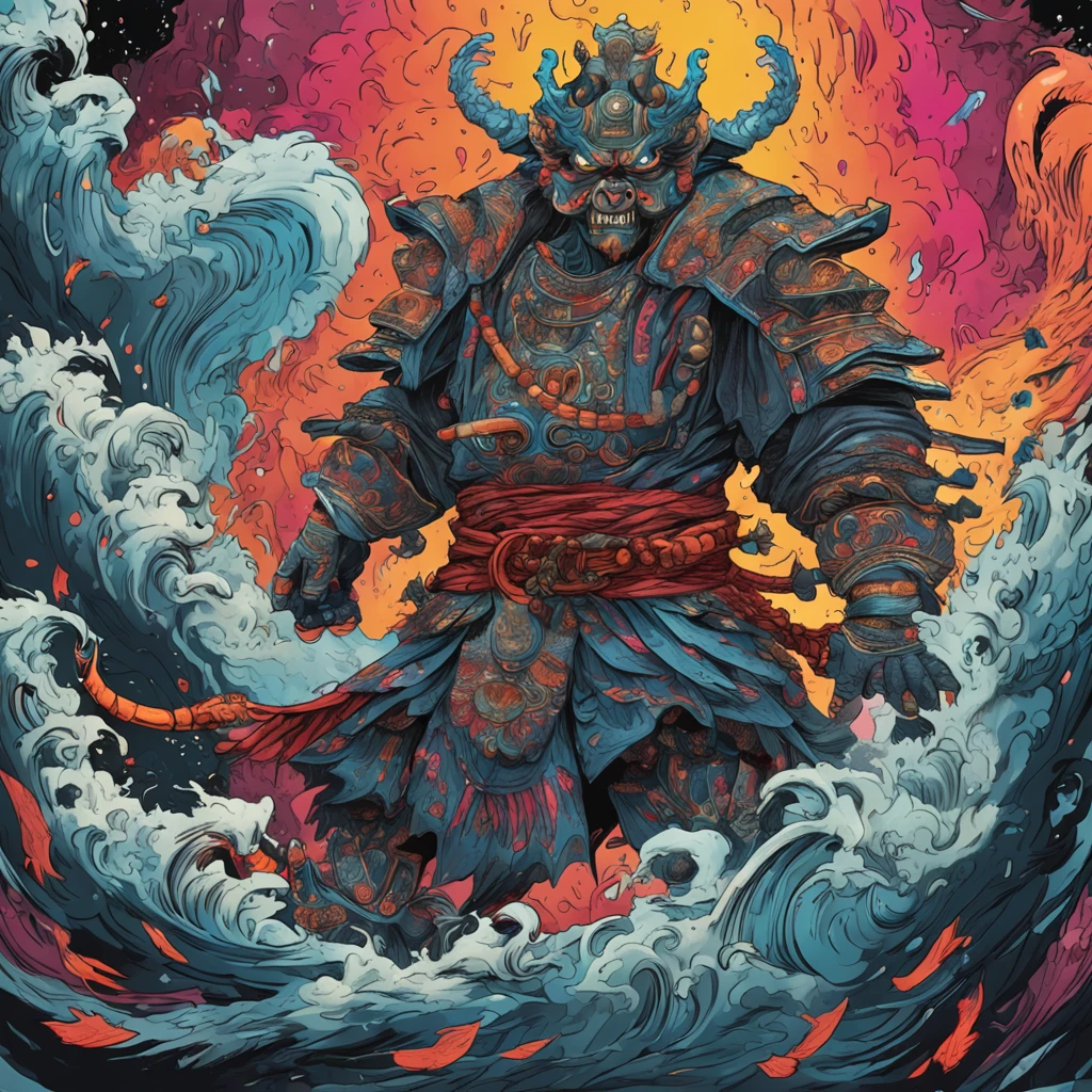 An ugly giant masked samurai deity as a creature in action and unleashing an attack on enemies,Estilo Vincent van Gogh,Estilo FW Murano, armadura GALAXY de corpo inteiro, smoke plumes from black jet plumes,explosion of vibrant colors, incrivelmente detalhado, morbid, Escuro, Principais elementos visuais, Atmospheric, altamente realista, Ultra Wide Epic Shooting --AR 3:4 --s 750