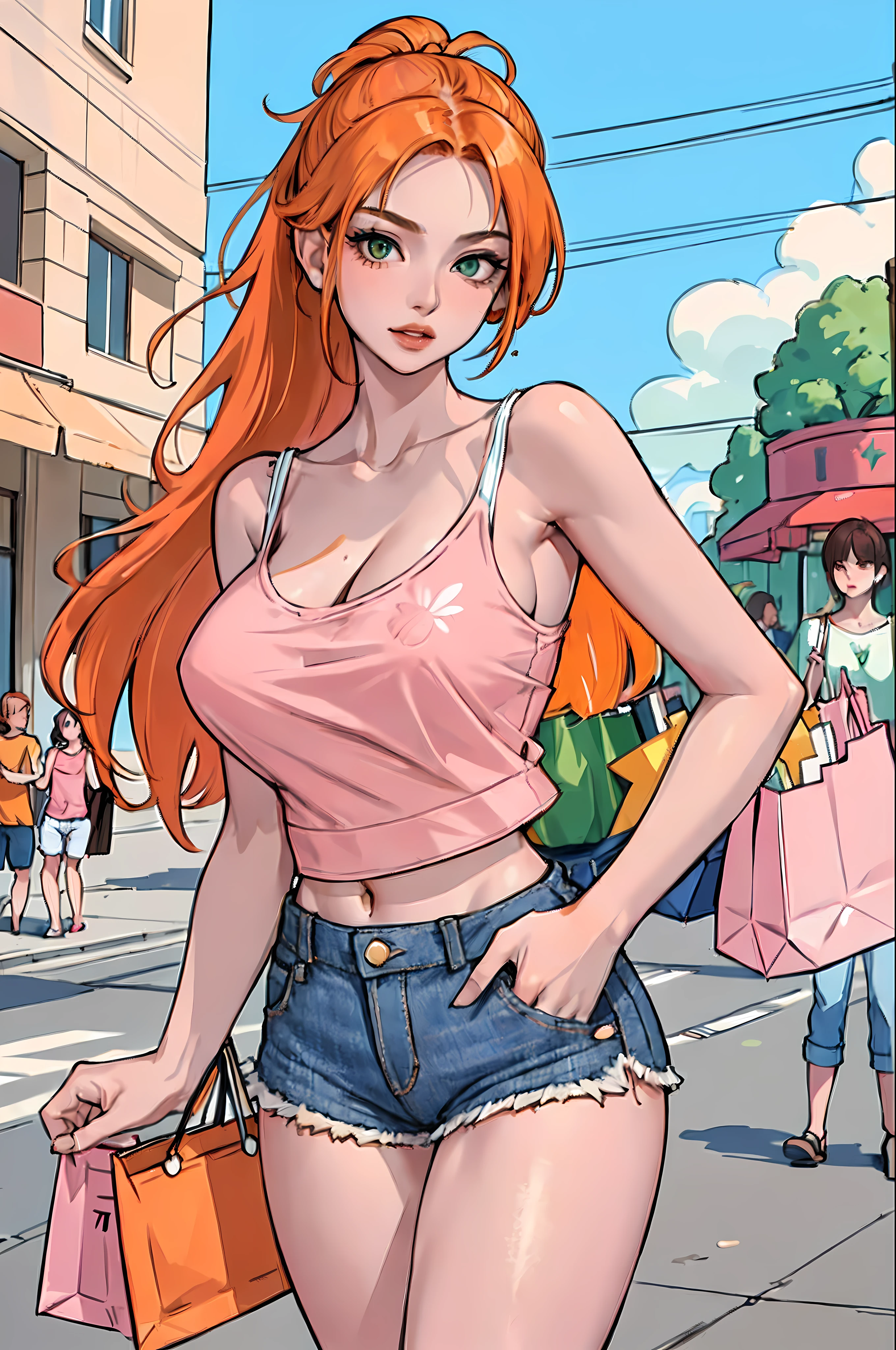 ((orange hair)), green eyes, long half-up hair, bust, ((full lips)), ((masterpiece)), ((detailed)), ((pink camisole)), ((open jean shorts)), ((best quality)), ((outside shopping)), big breasts, ((bright)), (pretty eyes), looking at viewer