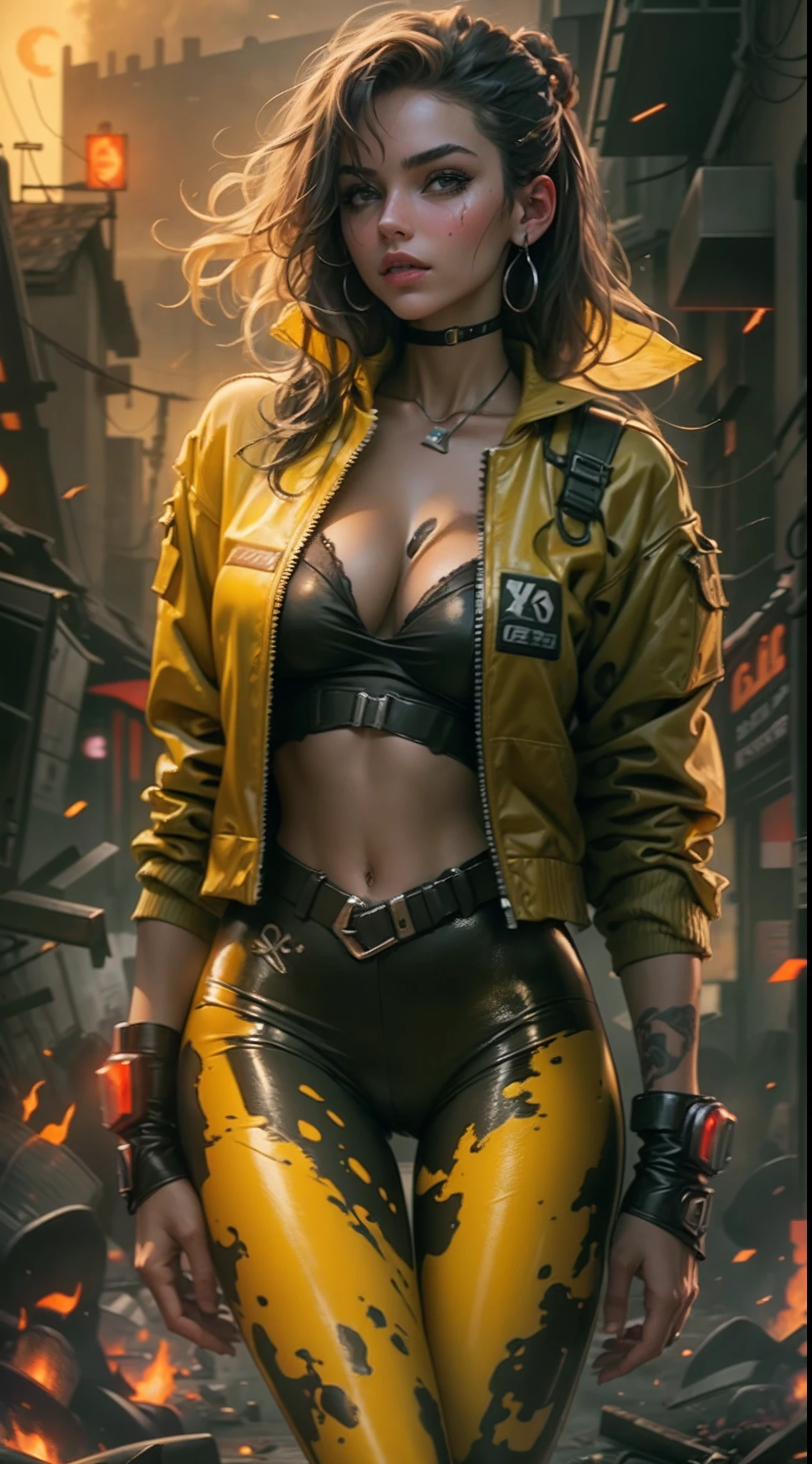 motor irreal:1.4,CG ultra realista 64K, fotorrealista:1.4, textura de la piel:1.4, obra maestra:1.4,Beautiful woman posing behind in yellow latex lingerie posing in an apocalyptic City of Fire,pantyhose, cyberpunk, hermosas manos finas,