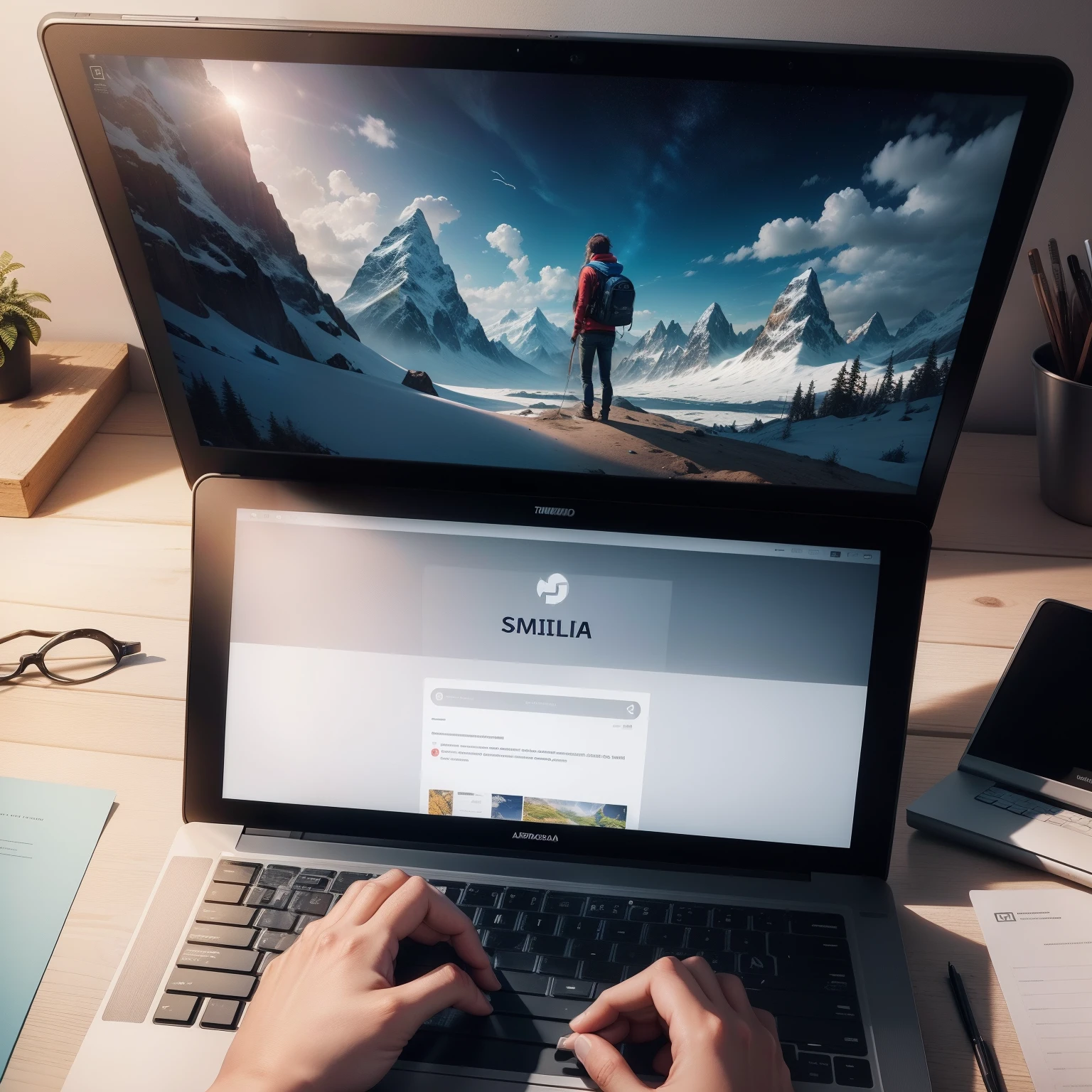 Fundo de escrita inspirador, com um laptop aberto e uma caneta sobre o teclado. Isso simbolizaria o processo de escrita e a criatividade envolvida no trabalho de um ghostwriter.