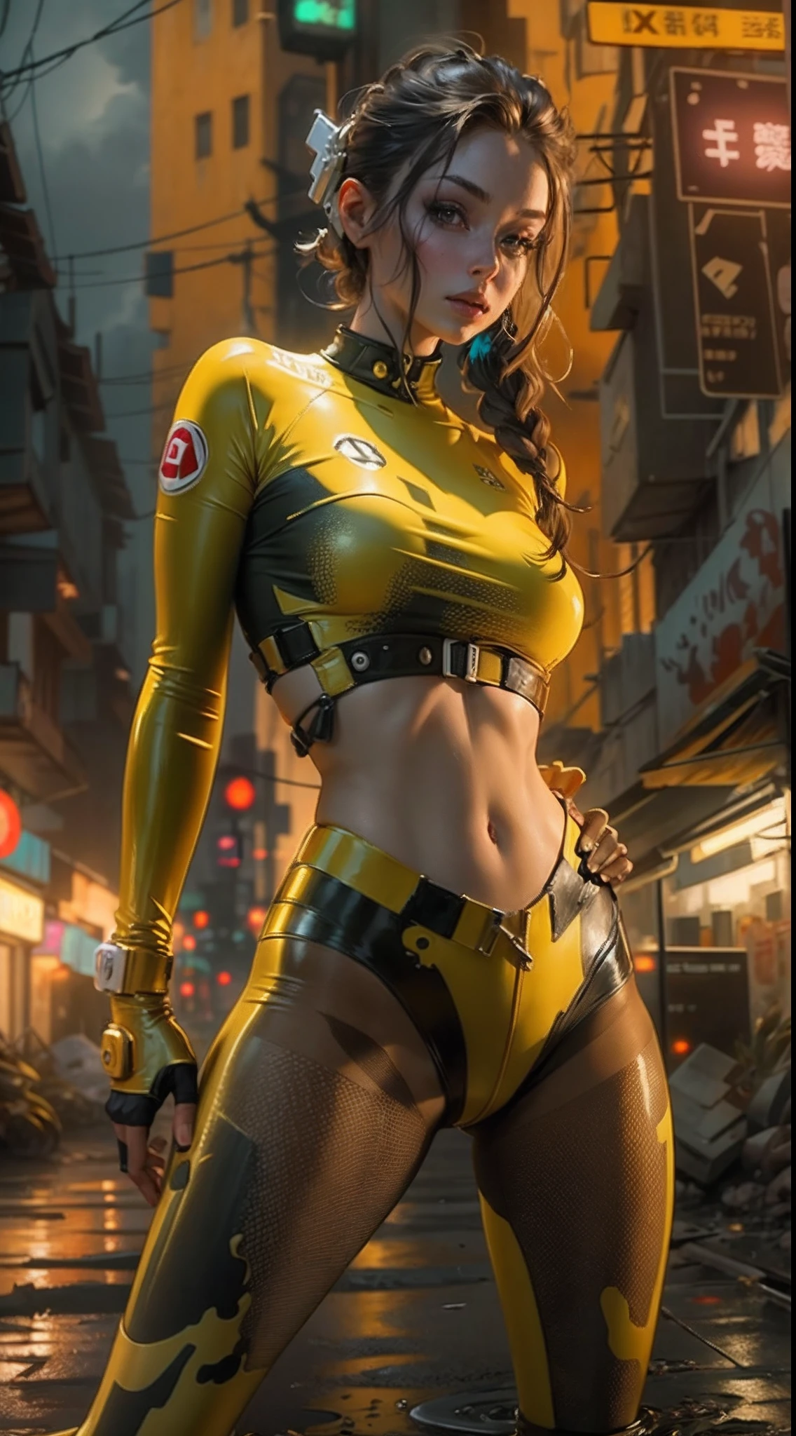 motor irreal:1.4,CG ultra realista 64K, fotorrealista:1.4, textura de la piel:1.4, obra maestra:1.4,Beautiful woman posing behind in yellow latex lingerie posing in an apocalyptic City of Fire,pantyhose, cyberpunk, hermosas manos finas,