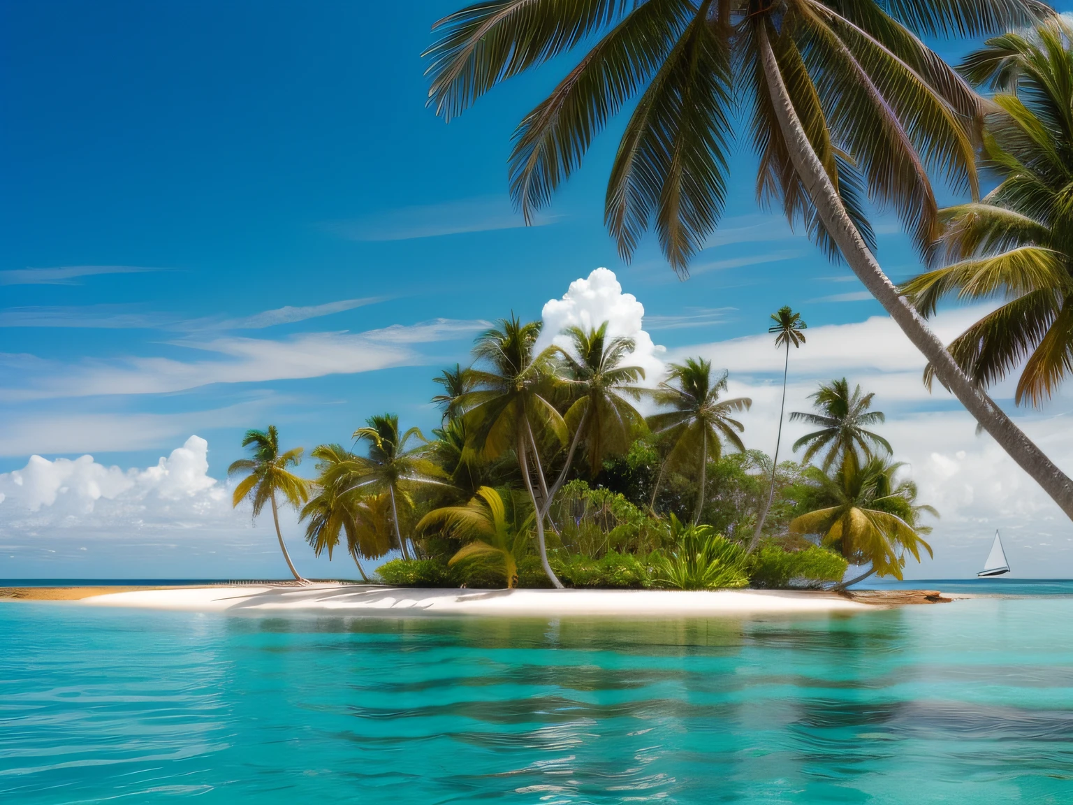fondo blanco, Small island in the middle of the ocean, con palmeras, vegetation and small boat on the shore, ultra calidad y detalles, nitidez