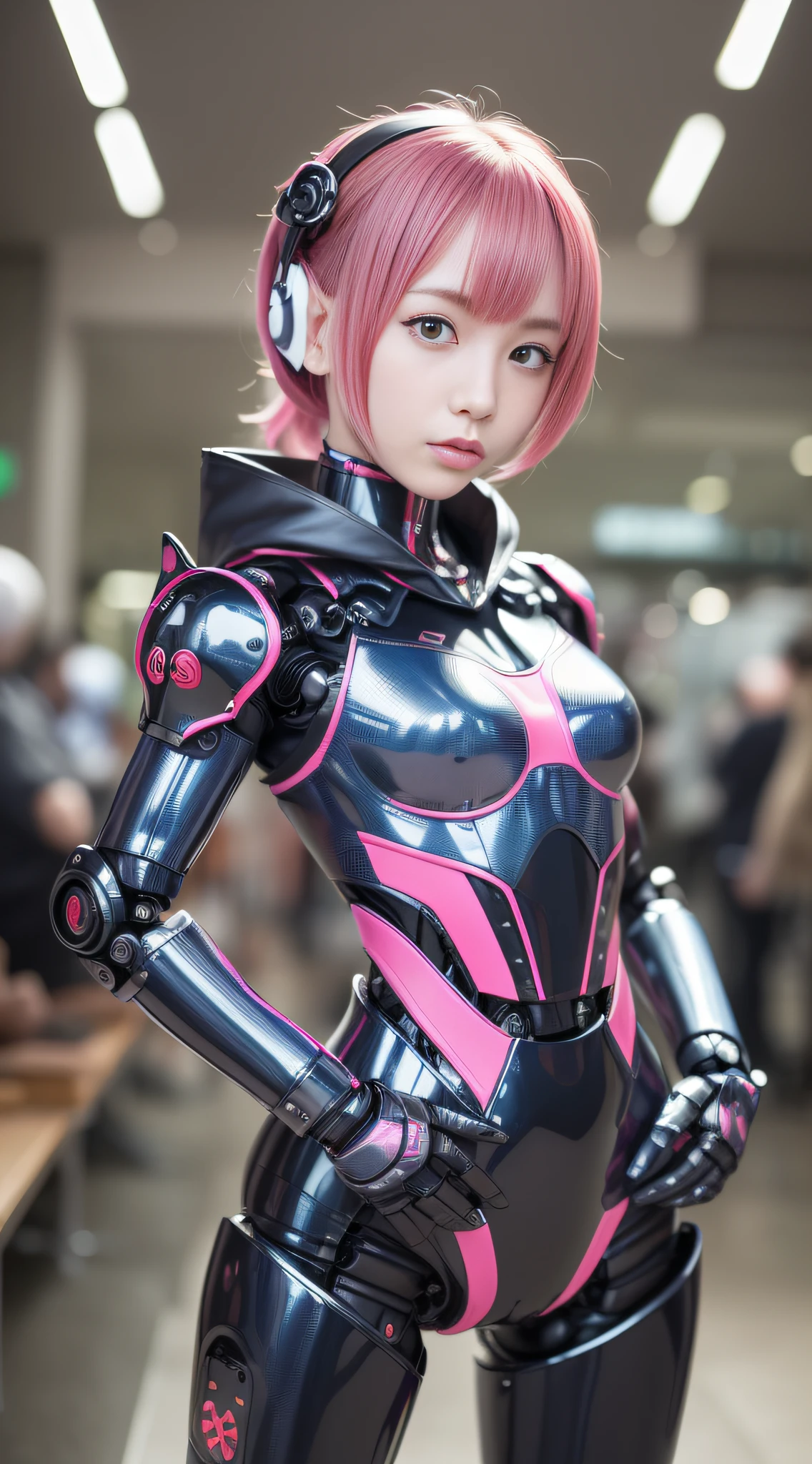 (Photorealsitic:1.4)、One-woman、(top-quality)、(hyperdetailed face)、(Super well-formed face)、((Robot Parts))、(Female-Robot)、(26 years-old)、(Blue)、(pink there)、(Burgundy)、(metallic)、(Full-body)、(sexy pose)、(Slender body)、(Model body type)、(full body mech)、(Akihabara)、(is looking at the camera)、(A dark-haired)、(Well-proportioned lady)、(a small face)、(well-groomed fingers)、(Idol)、(front facing)、(Standing with legs open)、(Hands on hips)、(Photo session)、(Looks sad)、(Cheerleader Cosplay)、(perfect-female-robot)、(perfect-mechanical-body)