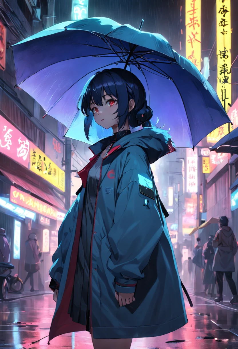 a girl, 16yo, the night，Orgy，holding a umbrella，By oneself，城市，Cyberpunk Personality，smog，Large coat，ear phone，the street，outside of house，neon light，smog, Junko and Chongli