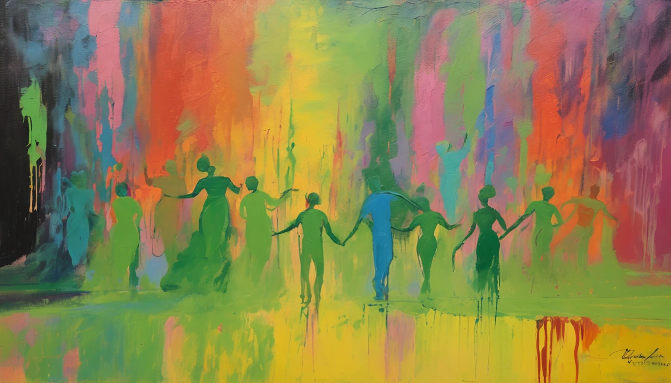 Art for dance festival, with silhouette of a couple dancing on a stage illuminated by various lights with green hue.