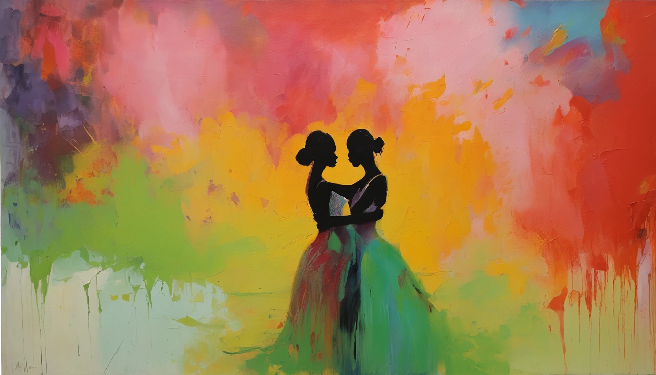 Art for dance festival, with silhouette of a couple dancing on a stage illuminated by various lights with green hue.