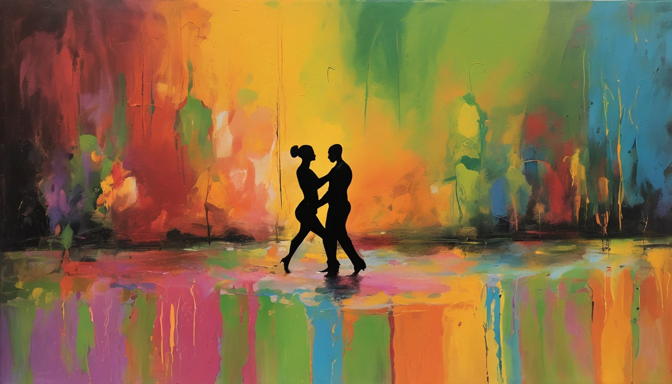 Art for dance festival, with silhouette of a couple dancing on a stage illuminated by various lights with green hue.