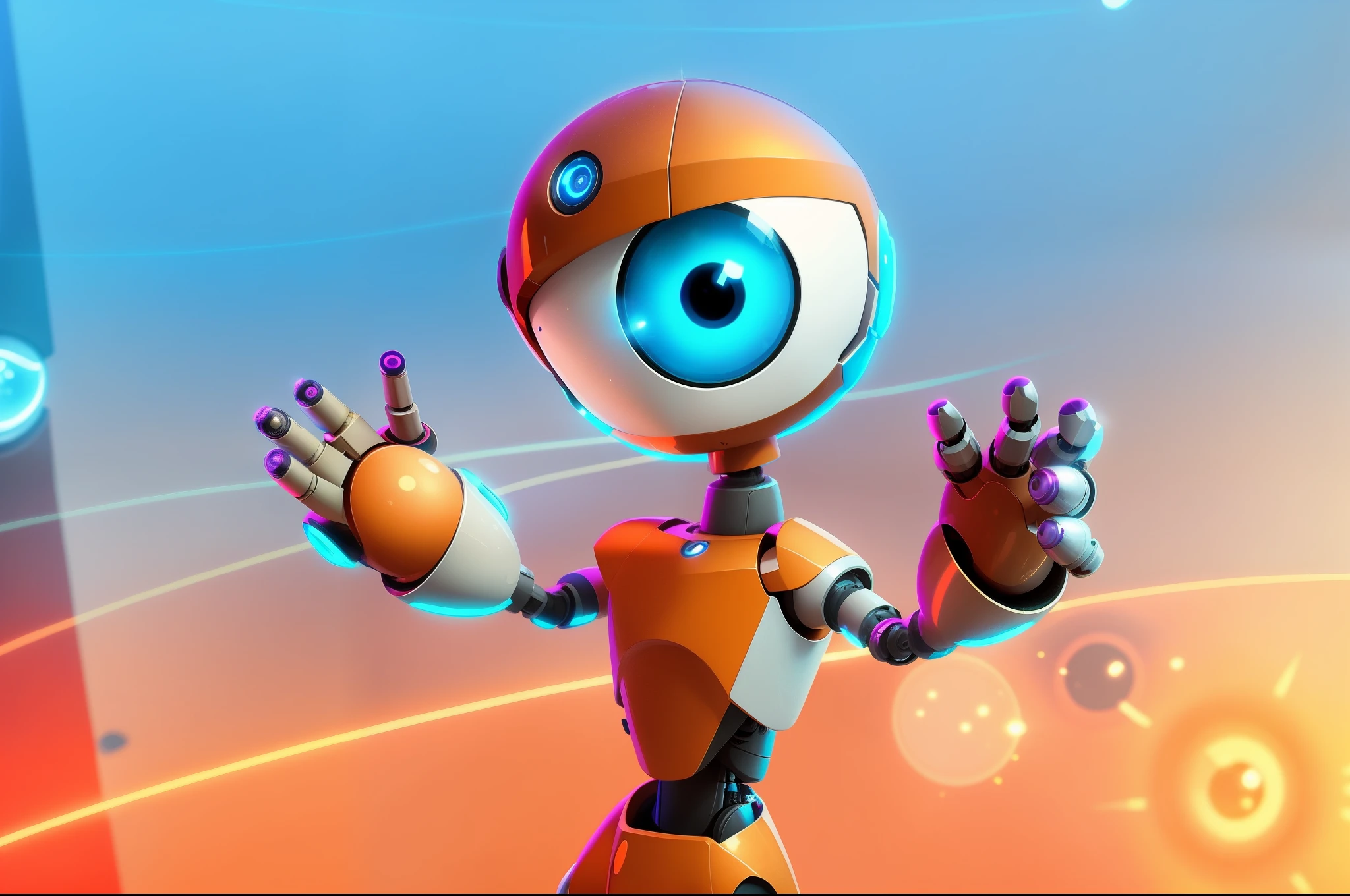 a close up of a cartoon robot with a big eye, human with one robot eye, gadget, very stylized, android eyes, 2 d game, humanoid character, portal game 9 9 9 9 9 valve, biped, game character, 3d kid robot, portal game, videogame character, futuristic ballroom. big eyes, huge-eyed