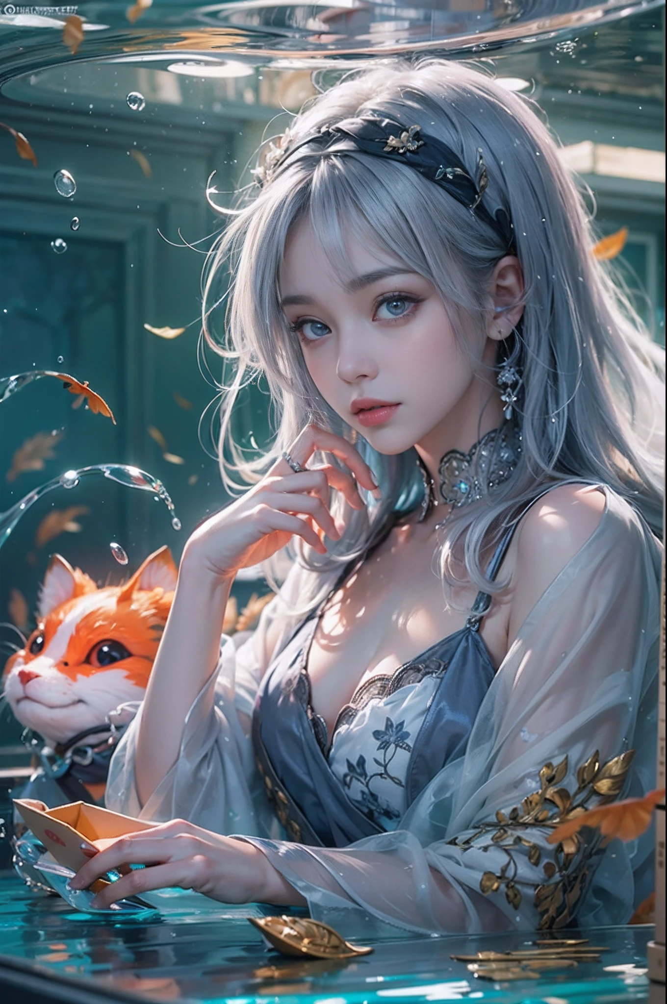 Best Quality, masutepiece, (Realistic:1.2), 1 girl, Detailed face, Beautiful eyes, [(Transparent background:1.5)::5],(((masutepiece))),(((Best Quality))),(((Extremely detailed))),Illustration, 1girll,Solo,Mysterious,vivd colour, shiny, , (White hair),(Purple eyes), full body Esbian, Barefoot, Tranquility of long hair、naturey, Koi, under the water, dome, close up, Dynamic Actions, Lens perspective,(((Box configuration))),Sitting cross-legged，Leaning against the bookshelf, voluminetric lighting, multi-color eyes, Detailed eyes, ultra - detailed, lightsmile, Highly detailed, Beautiful, small detailed, ultra-detailliert, Best Quality, Convoluted, 4K, 8K, Trending on Art Station, Good anatomy, Beautiful lighting, Award-winning,