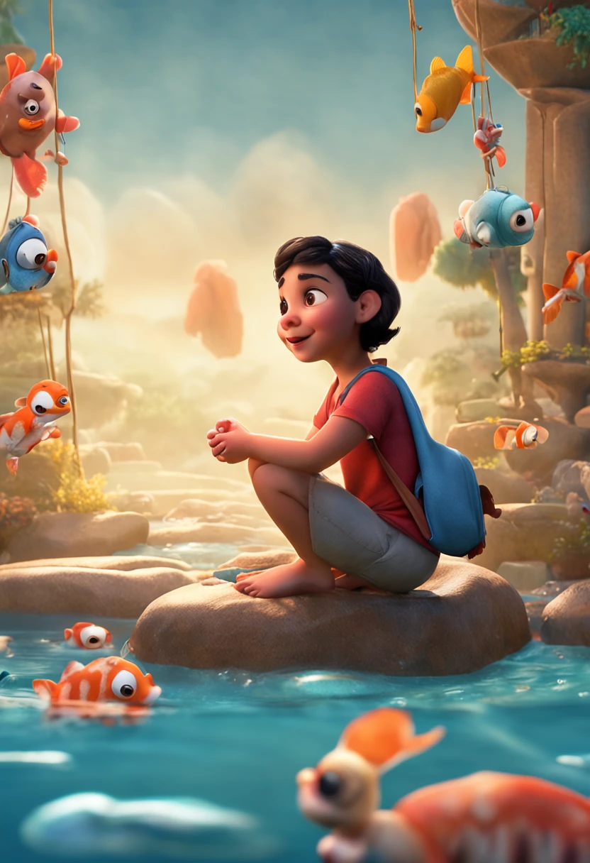 qualidade de imagem do filme，Disney Animation，Disney animated films，Chubby girl sitting in a koi swimming in the sky，Short hair and small braids，Denim suspenders，Bare feet，profundidade de campos，Luz alta，luz real，Traching de raias，oc renderizado，hyper-realistic，melhor qualidade，8k，Obras de mestres，super-fino，pelos pubianos detalhados，anatomia correta，sharp focus on eyes，Bokeh，Facial features are carefully described