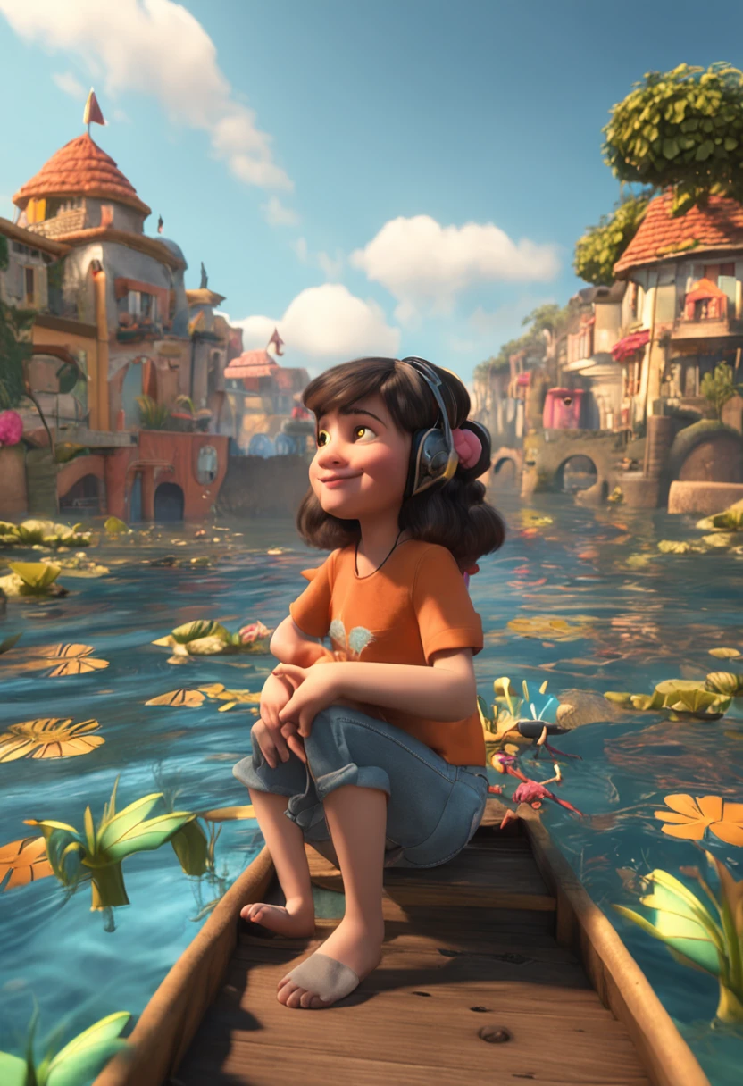 qualidade de imagem do filme,Disney Animation,Disney animated films,Chubby girl sitting in a koi swimming in the sky,Short hair and small braids,Denim suspenders,Bare feet,profundidade de campos,Luz alta,luz real,Traching de raias,oc renderizado,hyper-realistic,melhor qualidade,8k,Obras de mestres,super-fino,pelos pubianos detalhados,anatomia correta,sharp focus on eyes,Bokeh,Facial features are carefully described