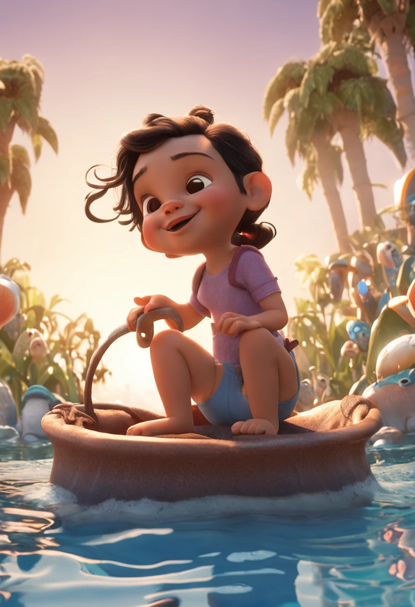 qualidade de imagem do filme,Disney Animation,Disney animated films,Chubby girl sitting in a koi swimming in the sky,Short hair and small braids,Denim suspenders,Bare feet,profundidade de campos,Luz alta,luz real,Traching de raias,oc renderizado,hyper-realistic,melhor qualidade,8k,Obras de mestres,super-fino,pelos pubianos detalhados,anatomia correta,sharp focus on eyes,Bokeh,Facial features are carefully described