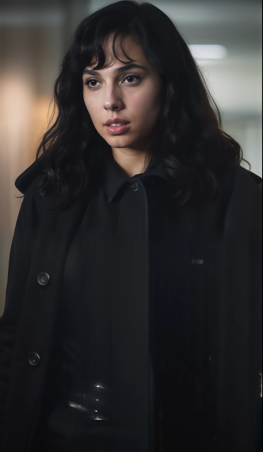 Woman in black coat standing in a hallway, hybrid of gal gadot, Charli Bowater, Gal Gadot como Senhor do Inferno, Finn Wolfhard, & her expression is solemn, her black hair is a long curly, Natasha Negra, She has black hair, menina de cabelo preto vestindo capuz, casaco, she is wearing a wet coat, wanda maximoff
