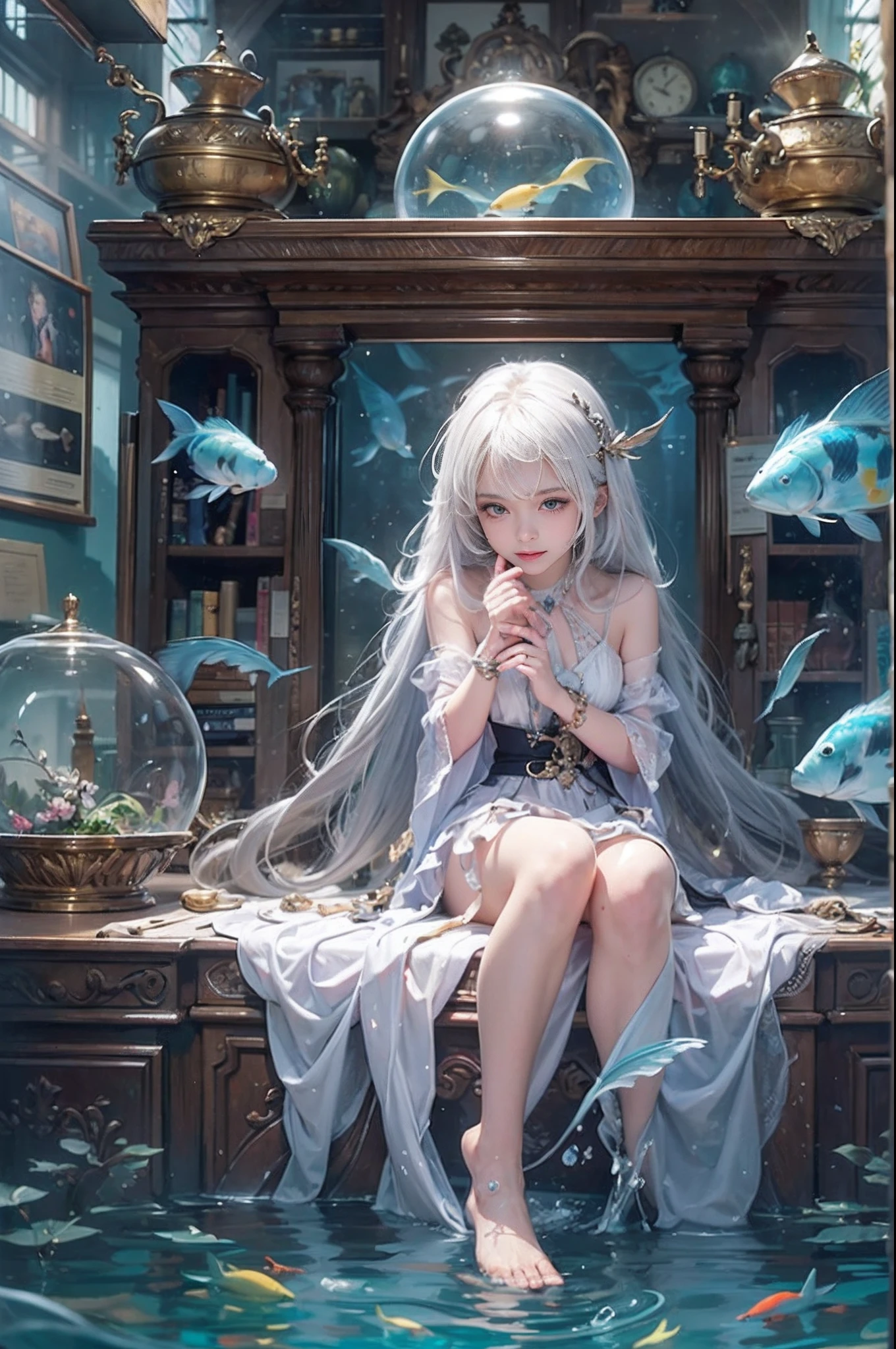 Best Quality, masutepiece, (Realistic:1.2), 1 girl, Detailed face, Beautiful eyes, [(Transparent background:1.5)::5],(((masutepiece))),(((Best Quality))),(((Extremely detailed))),Illustration, 1girll,Solo,Mysterious,vivd colour, shiny, Underwater transparent sealed hemispherical glass dome, (White hair),(Purple eyes), full body Esbian, Barefoot, Tranquility of long hair、naturey, Koi, under the water, dome, close up, Dynamic Actions, Lens perspective,(((Box configuration))),Sitting cross-legged，Leaning against the bookshelf, voluminetric lighting, multi-color eyes, Detailed eyes, ultra - detailed, lightsmile, Highly detailed, Beautiful, small detailed, ultra-detailliert, Best Quality, Convoluted, 4K, 8K, Trending on Art Station, Good anatomy, Beautiful lighting, Award-winning,