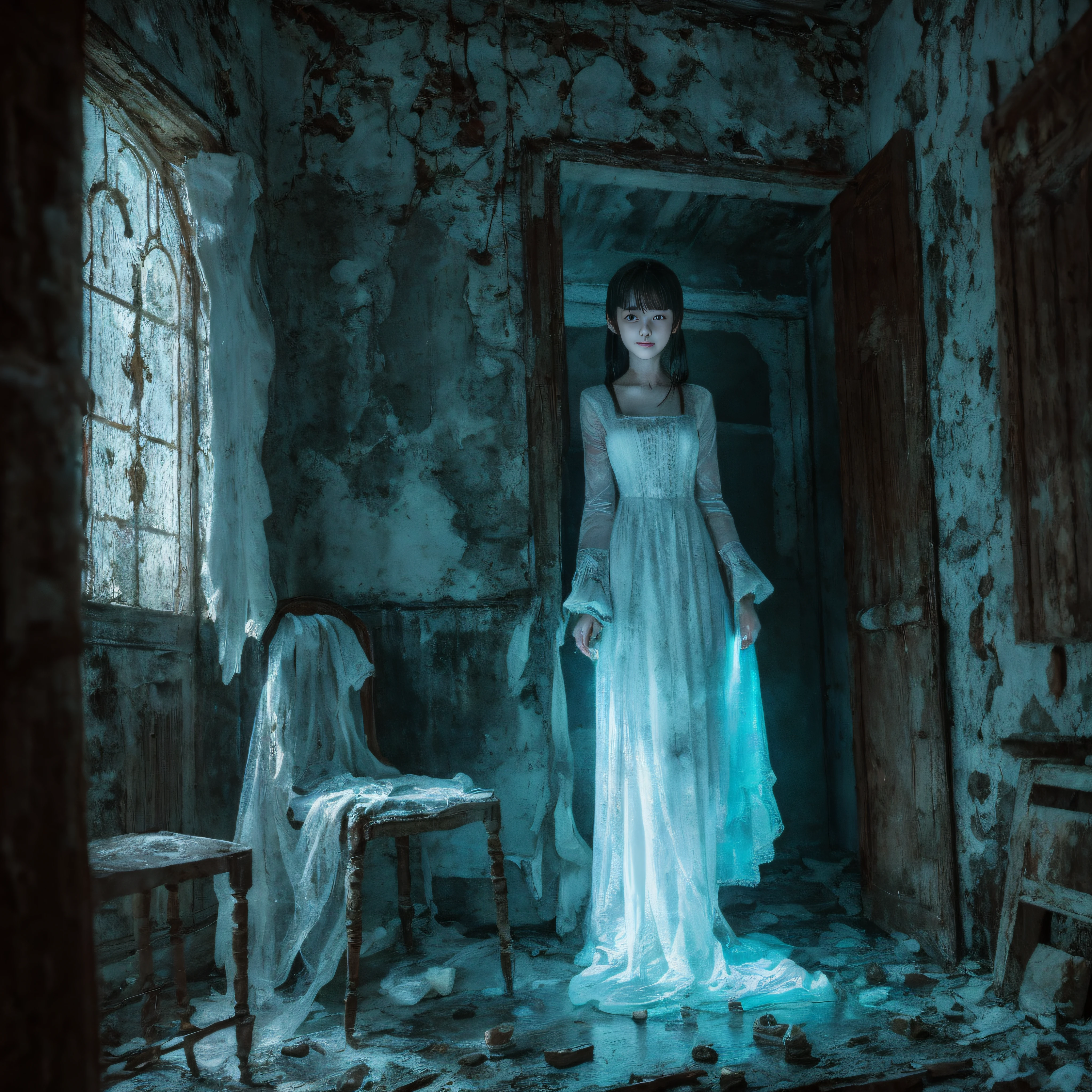 Girl in antique handmade white dress、Standing indoors、Photos of ghosts only Japan  girl. In the dim light, The scope of claustrophobia in a small room in Tokyo, A ghostly presence appears, Consumed in the creepy world of horror games. Lurking in a desolate corner, Enveloped in inexplicable darkness, That evil gaze is、Fixed on the player with an anxious and twisted smile、A shiver ran down my spine........ The ghost apparition is covered in tatters, White dress full of filth, Unforgettable relics of the past, And its ethereal shape is wavering, A glimpse of the spectral region beyond. In the stuffy atmosphere of the room, Dilapidated chair, Forgotten relics of another era, Stands as a chilling memory of the room's sinister history. Time once eroded ornate sculptures, Leaving behind whispers and echoes of suffering The rotten shell of the soul. walls, Decorated with faded photos of forgotten faces, It seems to exude a melancholy presence., imitate、Who got caught up in it々As if the essence longs for liberation from their eternal purgatory. A pale blue glow emanates from the ghost's eyes, Emitting an eerie glow that permeates air, Corner of the room々Filled with spectral incandescent lamps. Shadows dance under an ethereal glow、Distorted, Twisting into grotesque shapes that mock the sanity of the living. When a ghost silently stretches out a translucent hand, A chilling silence falls. pain々For each very slow movement, Reach out to players., Creeping specter of fate. however、No matter how close you get, The transparent hand of the ghost is、Never break the threshold of the tangible world, Leave a trail of icy fear. It is the embodiment of pain, Forever deny the comfort of human touch. (credibly_absurderes,Huge_filesize:1.37),(​masterpiece:1.37),(top-quality:1.37),(realisitic,Photorealsitic:1.2),Ray traching,Realistic lighting,(illuminations,Glow),((film grains:1.37)),(Exquisite details and textures:1.2),(8K分辨率:1.2),(ultra -detail:1.2),(Sharp Focus 1.2),(Raw photography: