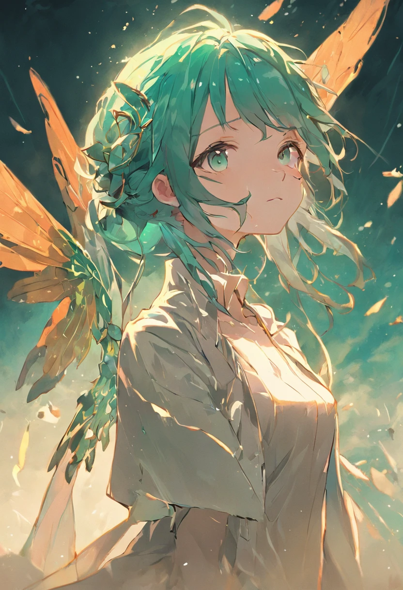 obra prima, melhor qualidade, anatomicamente correto, aspecto de capa de anime, (1 woman with wings facing the camera), (aquamarine green hair), dragonfly wings, (asas nas costas), orelhas pontudas, fada, graciosa, Medieval heroine, trajes de plantas