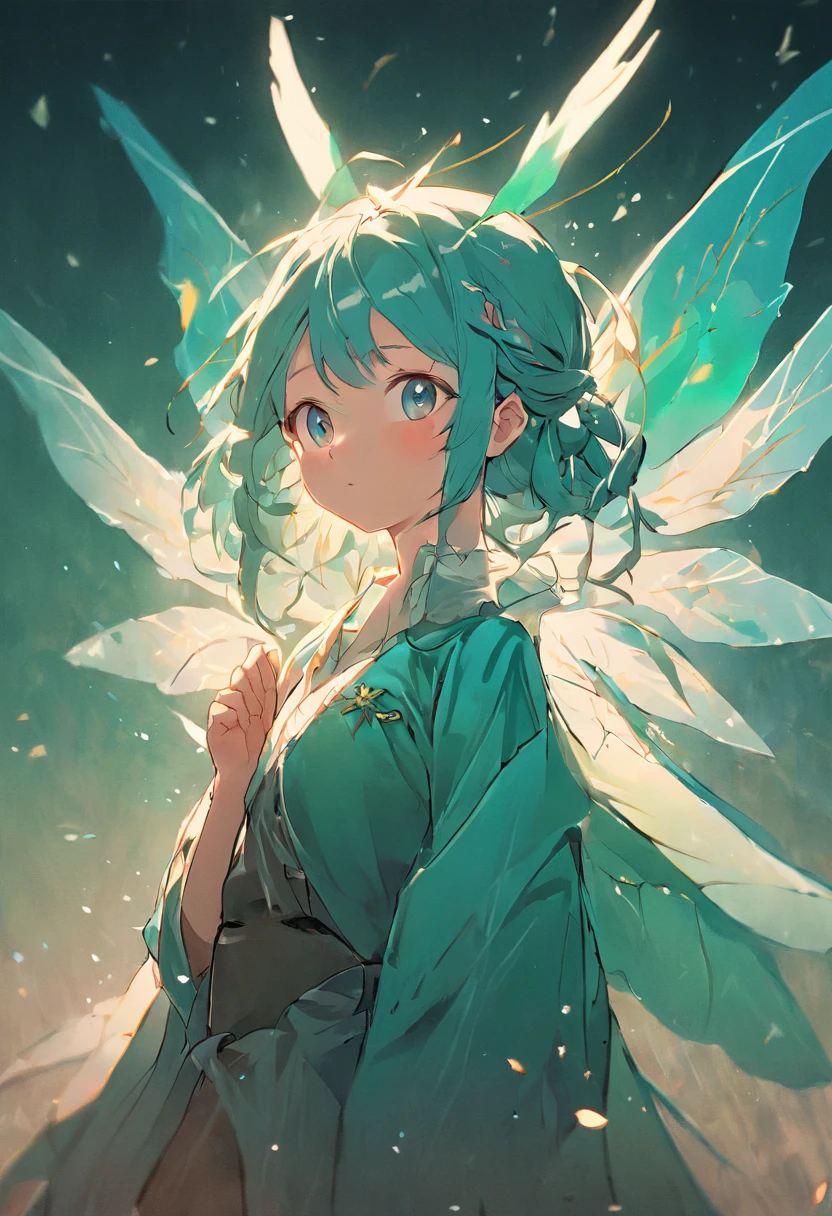 obra prima, melhor qualidade, anatomicamente correto, aspecto de capa de anime, (1 woman with wings facing the camera), (aquamarine green hair), dragonfly wings, (asas nas costas), orelhas pontudas, fada, graciosa, Medieval heroine, trajes de plantas