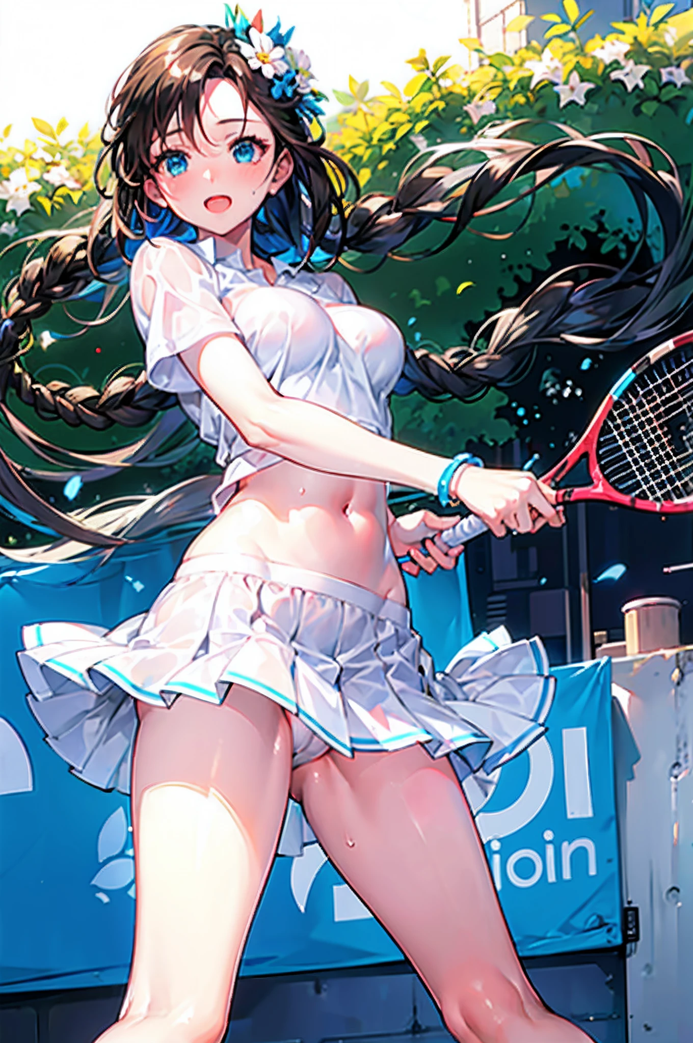tazune rirei, masterpiece, best quality, day, in the tennis court, blush, beautiful legs, nice shaped medium breast, cameltoe, twin plaid hair, aqua eyes, nice shaped ass, detailed face, detailed eyes, detailed body, full body shot, realistic, professional lighting, narrow waist, black hair, (playing tennis),white t-shirt, white tennis wear, white pleated skirt, white lace panties, sweat skin, pussy juice, wind lift, dynamic pose, tennis racket, from side, ass focus, open mouth, (face close up), portrait, bokeh