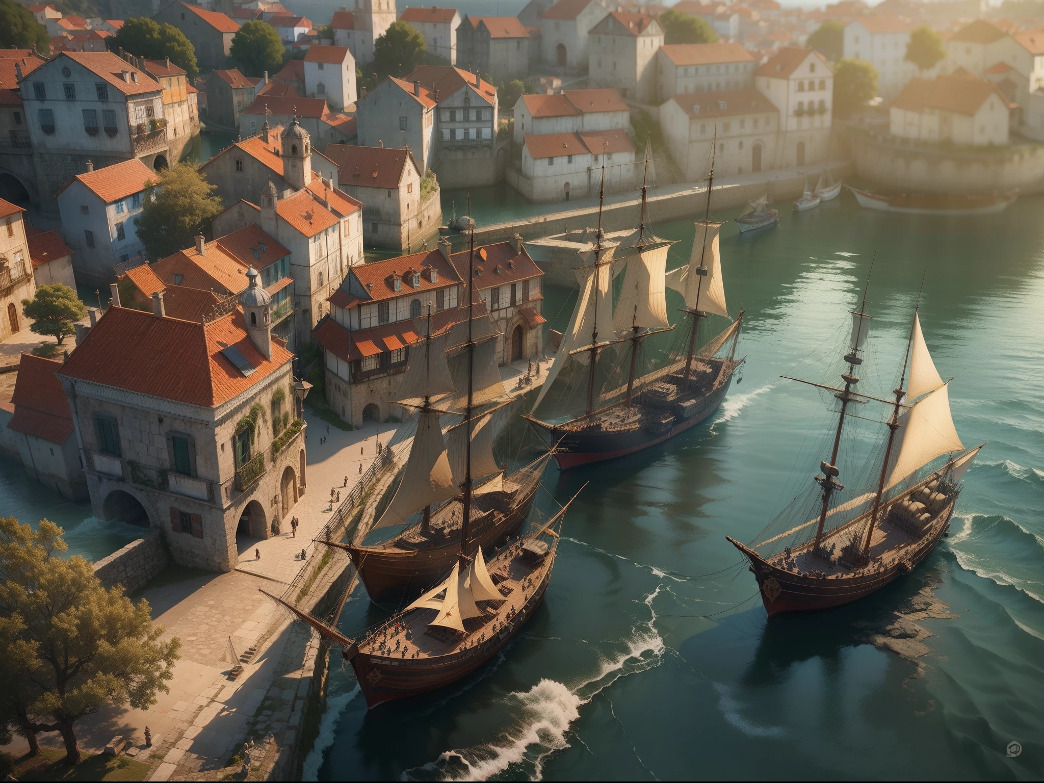 O porto de Uma cidade medieval europeia, with ships on the water, morning , nevoeiro, Ray tracing.