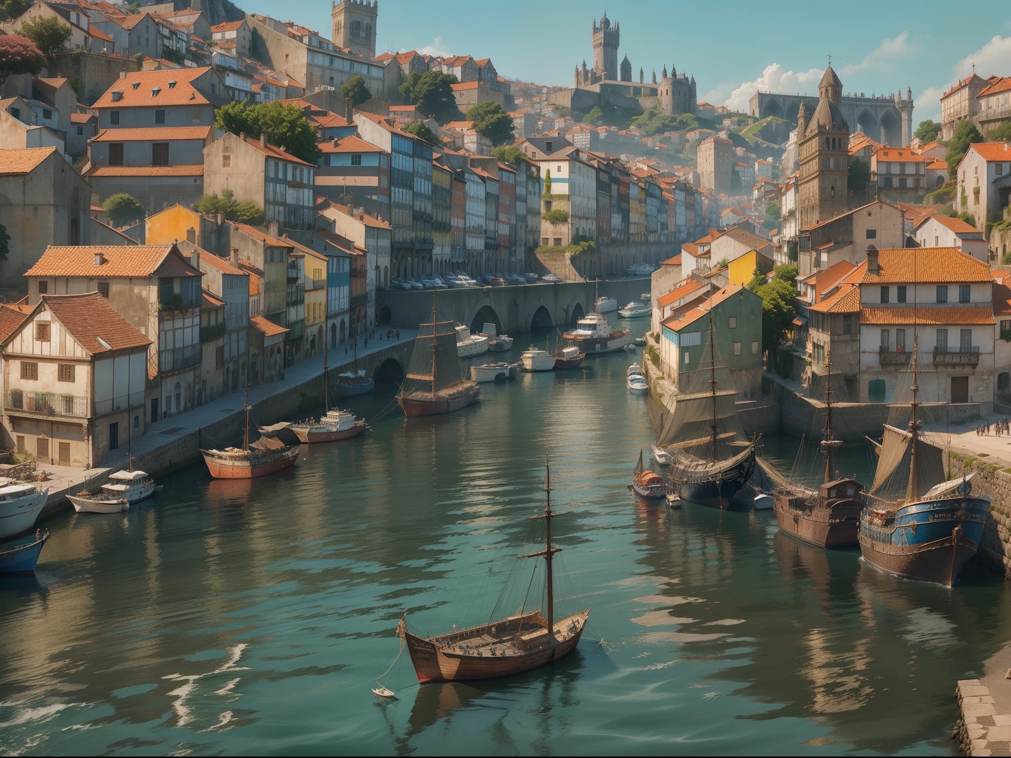 O porto de Uma cidade medieval europeia, with ships on the water, morning , nevoeiro, Ray tracing.