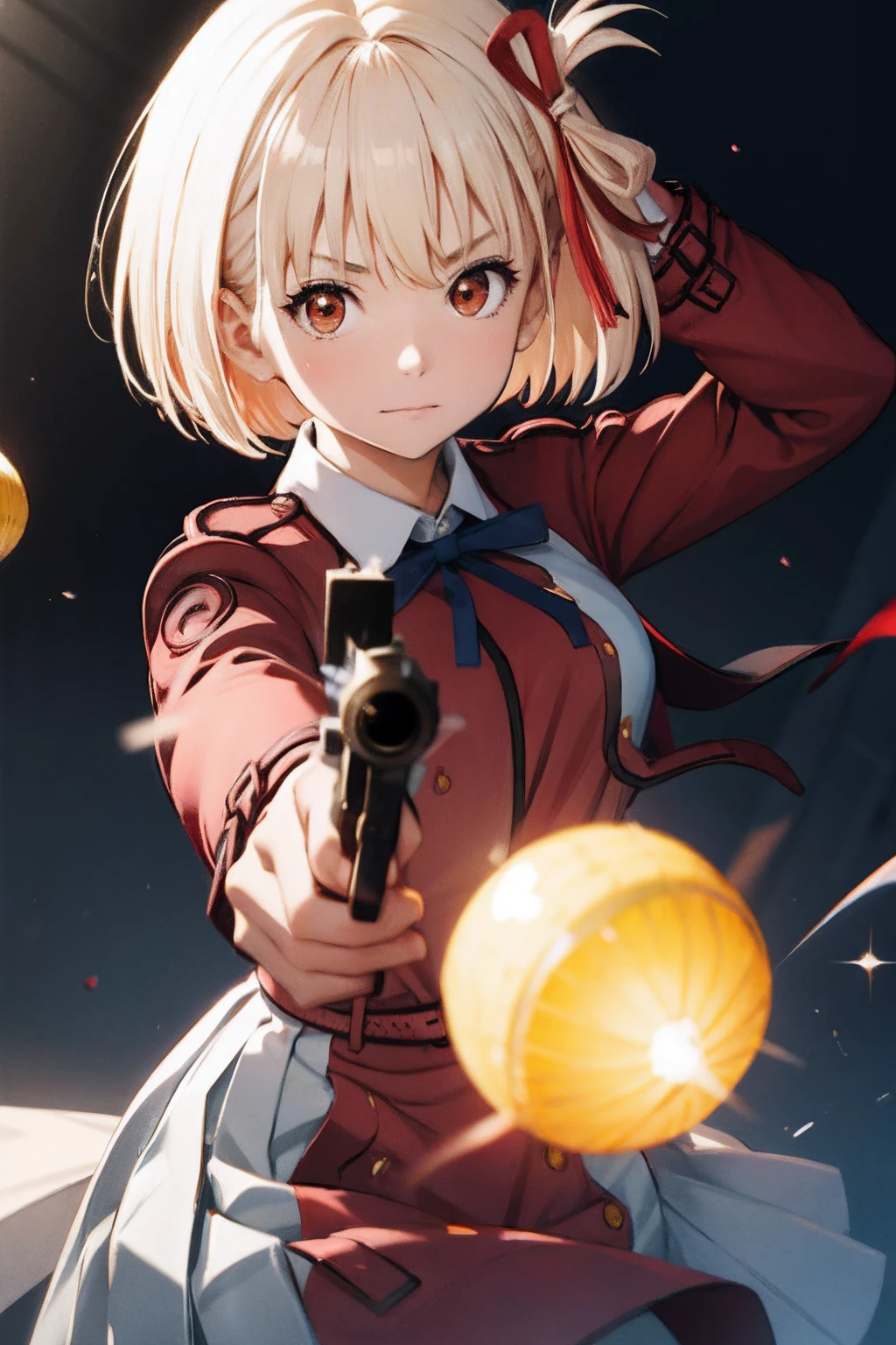 (Masterpiece: 1.1), (Best Quality, Ultra Resolution: 1.0), (8K Resolution: 1.2), (Photorealistic, Ultra Detail, Clear Focus 1:0), (Original Photo, Lighting: 1:1), BREAK detailed reflecting eyes by professional digital painting, beautiful pretty cute small face, (1girl:1.3), BREAK nishikigi chisato, short hair, bangs, blonde hair, (red eyes:1.5), hair ribbon, one side up, bob cut, perfect body, shirt, long sleeves, dress, ribbon, white shirt, collared shirt, belt, neck ribbon, red dress, blue ribbon, pleated dress, grey dress, two-tone dress, red belt, lycoris uniform, BREAK aiming at viewer, holding pistol, handgun