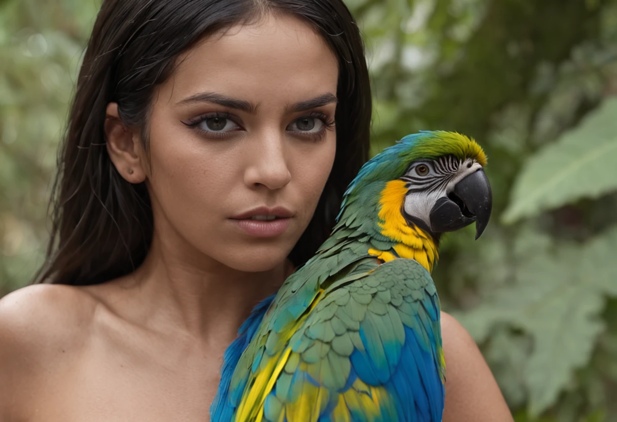 Here’s the revised description with the woman positioned near the perch of a realistic blue macaw:

"photograph of a woman in a red bikini, standing confidently on a sunny beach, vibrant ocean waves crashing in the background. Her textured skin glows in the natural sunlight, highlighting the smooth lines of her legs, which appear flawless and alluring. Afro hair gently tousles in the sea breeze as she leans slightly toward a realistic blue macaw perched on a nearby stand. The bird's vivid feathers contrast beautifully with her radiant skin. Perfect eyes engage with the macaw, creating a captivating connection between them. (Natural sunlight, soft shadows), 160-color support, filmed on ARRI ALEXA 65, with a Bokeh effect subtly blurring the background while keeping sharp focus on the subject. Shot by Don McCullin, featuring a model of African descent, yet possessing the striking features of Angelina Jolie." 

beauty, model, elegance, glamour, fashion, stunning, radiant, chic, graceful, confident, striking, flawless, alluring, photogenic, sophisticated, enchanting, captivating, charismatic, runway, editorial, beauty standards, artistic, style, aesthetic, personality, portrait, beauty photography, professional model, fashionista, trendsetter.
