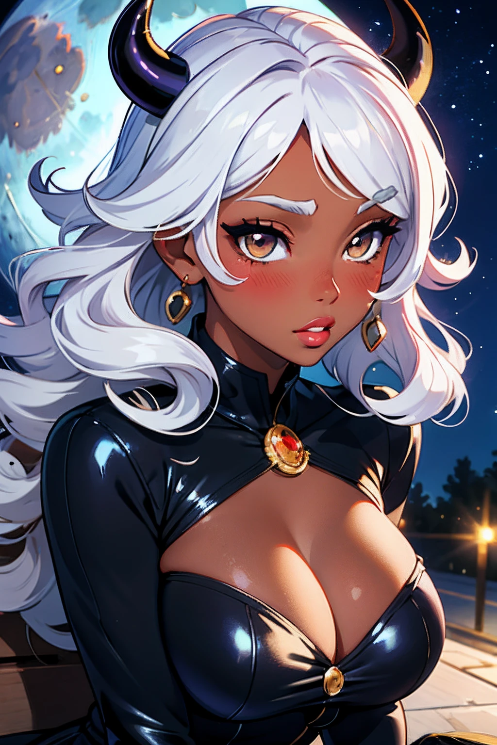 1girl, (best quality:1.1), (masterpiece:1.4), (absurdres:1.0), portrait, 1girl, (voluminous hair)+ , ((curly hair))++, long hair, ((dark skin))++, (((white hair))), (gold eyes), long hair, large breasts, (blush:1.2), (big lips)+, (juicy lips)+, (blush), vibrant colors, eyeliner, lipgloss, blush, sidelocks, (black horns), shiny skin, shiny, sparkles, night sky, moon, moonlight, ((blue moon))++, close-up, sitting on curb,