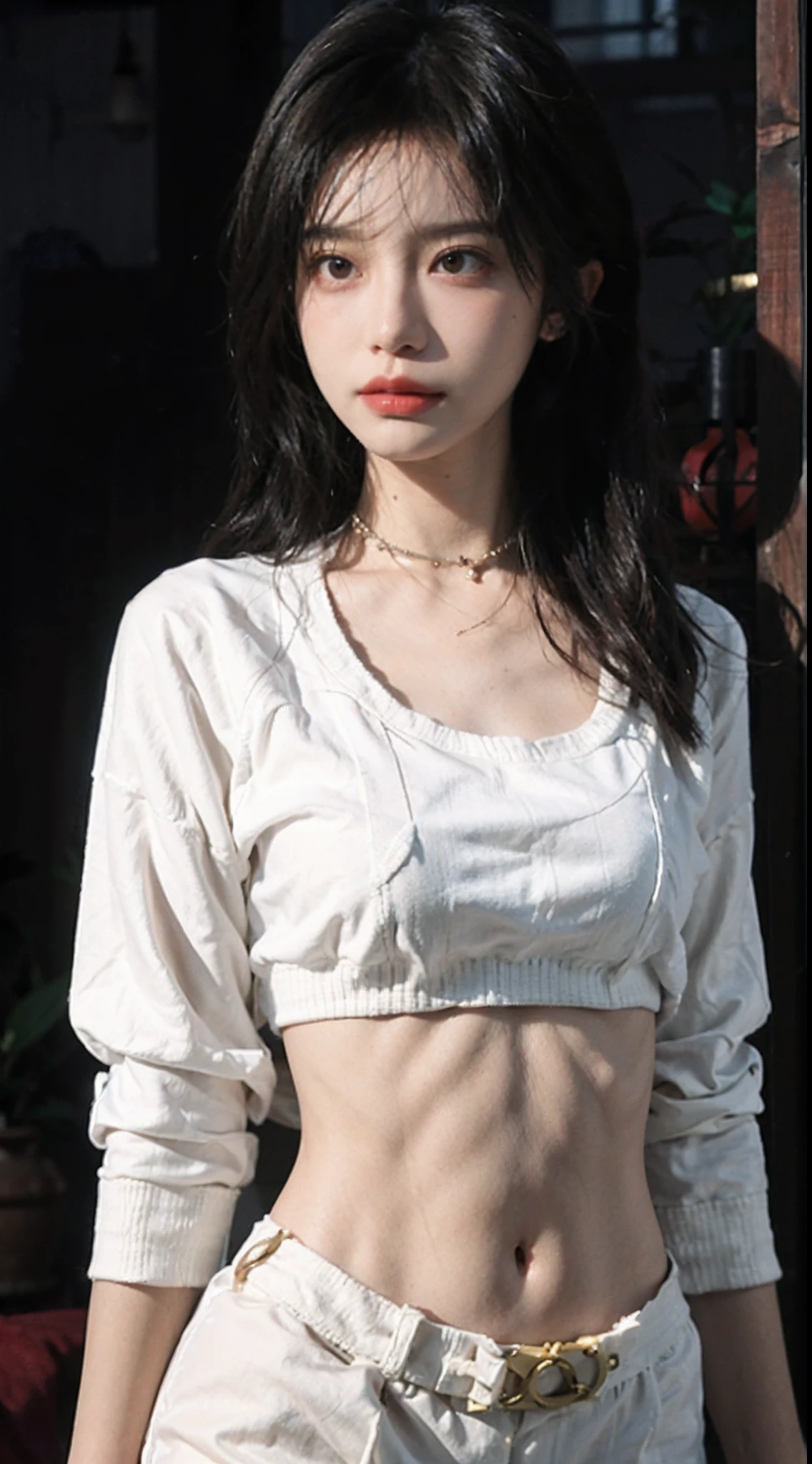 best qualtiy, 超高分辨率, (realisticlying:1.4),Baoyu Girl,1girll, with long coiled hair,Blushlush,Looking into the distance,nedium breasts,Cropped red sweater,a sense of atmosphere,Beautiful woman with a slim figure:1.4, Pronounced abs,Ultra-fine face,Elaborate Eyes,二重まぶた,choker necklace