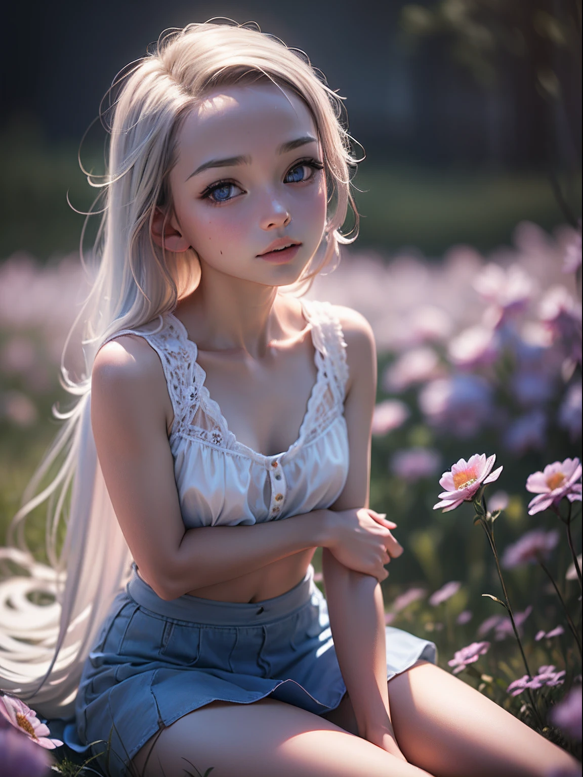 a girl, 12 years old, cute-cute, sitting in a meadow and looking up at the sky, Small chest, sleeveless, bare, ((transparent clothing)), (( very short mini skirt)), full body, full body whole body, petite breasts, flat stomach, long hair (platinum blonde hair), ((blue eyes)), elegant cute pose, from one side, razor-sharp photo, blue sky, (skin with high detail, skin detail),, slightly windy,  flowers, (masterpiece, superior quality), Ultra High Resolution, (Realism: 1.4), Original photo, Depth of field, Fine details, High details, High quality shadows, Beautiful details, (Bokeh: 1.5), Canon EOS Photography, Sigma Art 35mm f1.4 lens, ISO 2000 shutter speed, Backlight, Ultra High Resolution, (Realism: 1.4), Original photo, Best Quality, Vintage