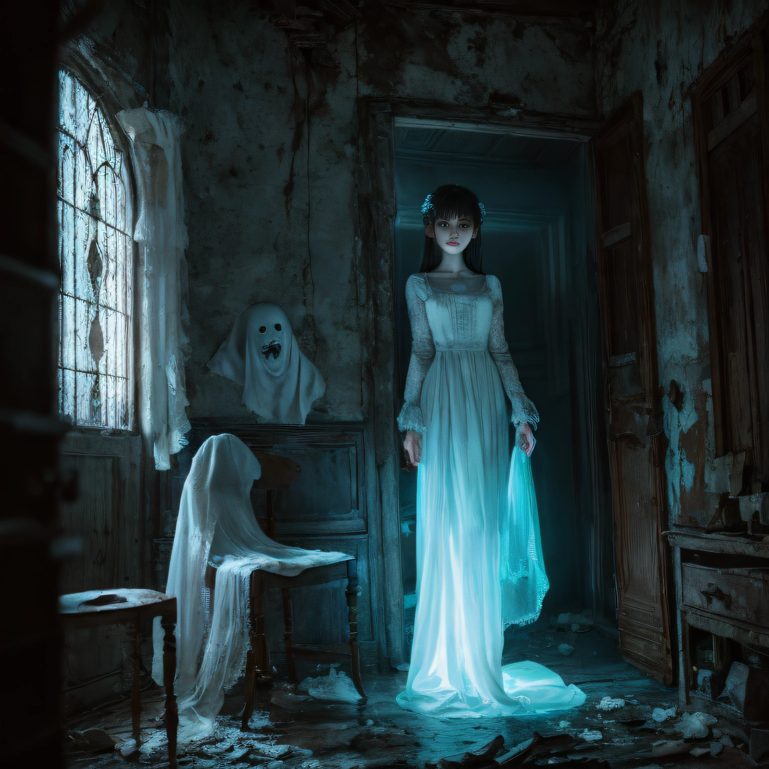 Girl in antique handmade white dress、Standing indoors、Photos of ghosts only Japan teenage girl. In the dim light, The scope of claustrophobia in a small room in Tokyo, A ghostly presence appears, Consumed in the creepy world of horror games. Lurking in a desolate corner, Enveloped in inexplicable darkness, That evil gaze is、Fixed on the player with an anxious and twisted smile、A shiver ran down my spine...... The ghost apparition is covered in tatters, White dress full of filth, Unforgettable relics of the past, And its ethereal shape is wavering, A glimpse of the spectral region beyond. In the stuffy atmosphere of the room, Dilapidated chair, Forgotten relics of another era, Stands as a chilling memory of the room's sinister history. Time once eroded ornate sculptures, Leaving behind whispers and echoes of suffering The rotten shell of the soul. walls, Decorated with faded photos of forgotten faces, It seems to exude a melancholy presence., imitate、Who got caught up in it々As if the essence longs for liberation from their eternal purgatory. A pale blue glow emanates from the ghost's eyes, Emitting an eerie glow that permeates air, Corner of the room々Filled with spectral incandescent lamps. Shadows dance under an ethereal glow、Distorted, Twisting into grotesque shapes that mock the sanity of the living. When a ghost silently stretches out a translucent hand, A chilling silence falls. pain々For each very slow movement, Reach out to players., Creeping specter of fate. however、No matter how close you get, The transparent hand of the ghost is、Never break the threshold of the tangible world, Leave a trail of icy fear. It is the embodiment of pain, Forever deny the comfort of human touch. (credibly_absurderes,Huge_filesize:1.37),(​masterpiece:1.37),(top-quality:1.37),(realisitic,Photorealsitic:1.2),Ray traching,Realistic lighting,(illuminations,Glow),((film grains:1.37)),(Exquisite details and textures:1.2),(8K分辨率:1.2),(ultra -detail:1.2),(Sharp Focus 1.2),(Raw photography:1.0),(Knowles