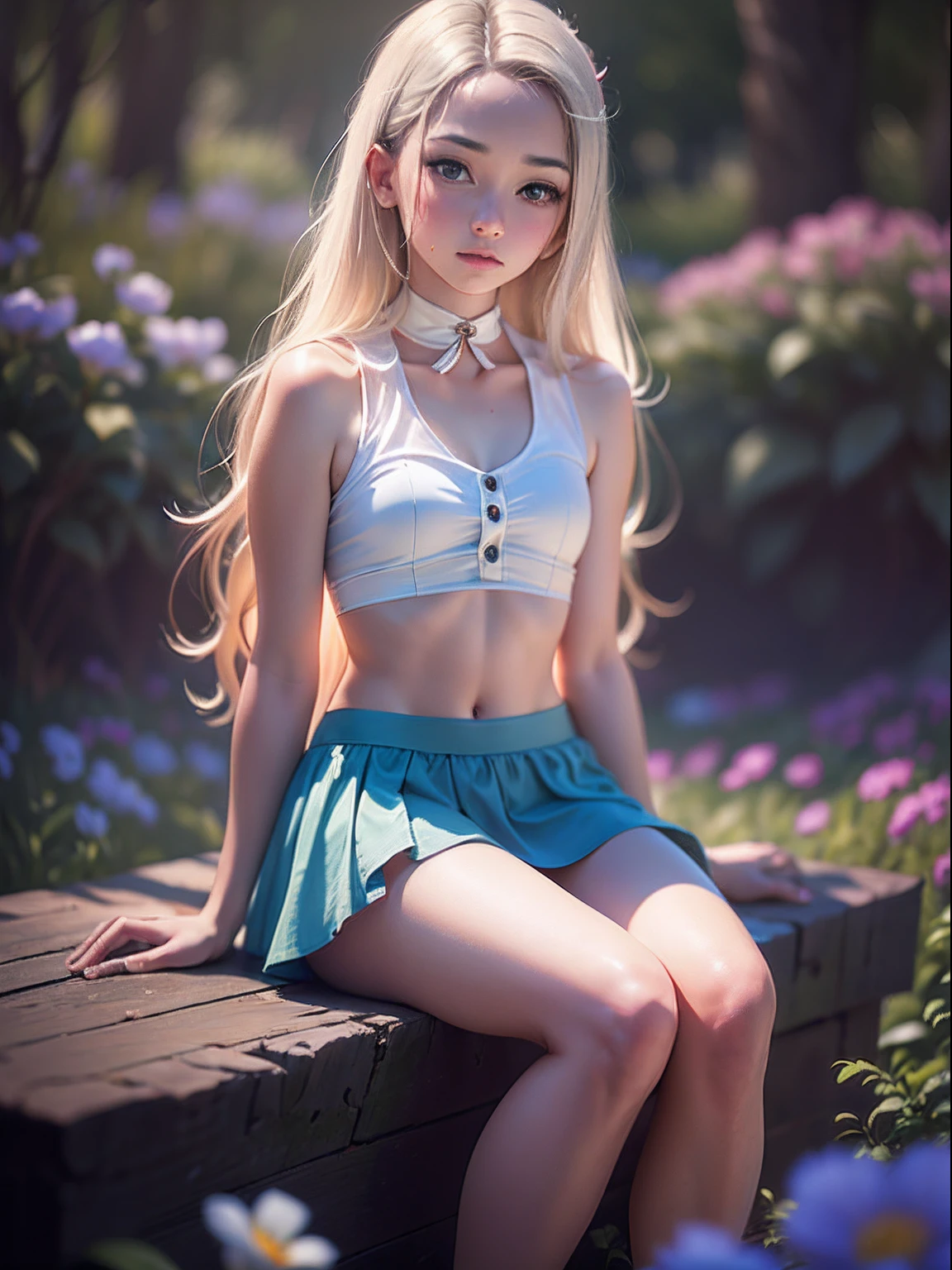 a girl, , cute-cute, sitting in a meadow and looking up at the sky, Small chest, sleeveless, bare, ((transparent clothing)), (( very short mini skirt)), full body, full body whole body, petite breasts, flat stomach, long hair (platinum blonde hair), ((blue eyes)), elegant cute pose, from one side, razor-sharp photo, blue sky, (skin with high detail, skin detail),, slightly windy,  flowers, (masterpiece, superior quality), Ultra High Resolution, (Realism: 1.4), Original photo, Depth of field, Fine details, High details, High quality shadows, Beautiful details, (Bokeh: 1.5), Canon EOS Photography, Sigma Art 35mm f1.4 lens, ISO 2000 shutter speed, Backlight, Ultra High Resolution, (Realism: 1.4), Original photo, Best Quality, Vintage