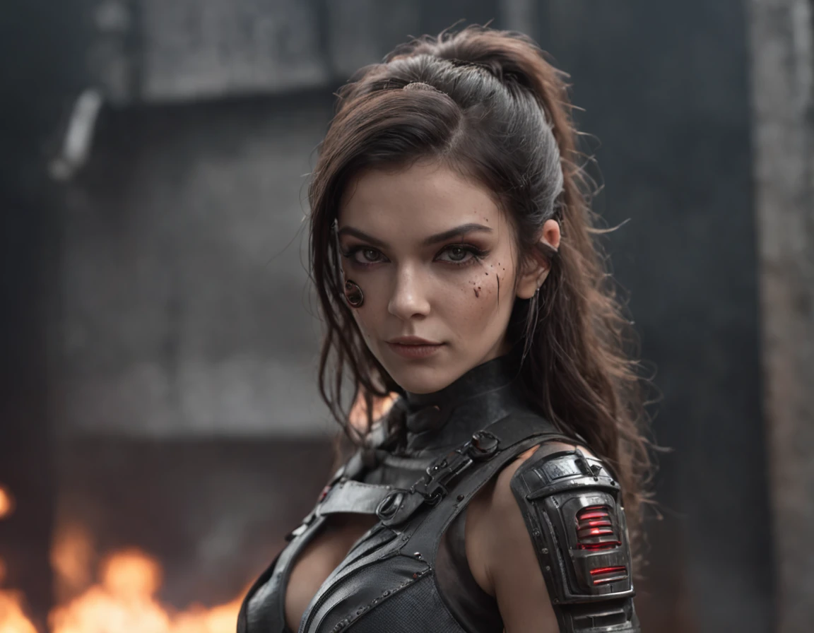 Mulher guerreira ciborgue bonita em Style-RustMagic, The Rise of Cyberpunk, Ciberware, droid, fibras de carbono, cromar, Implantes, metal skull, Cybernetic plate armor, (atmosfera escura:1.2), (Entregue & smoke billowing), (nigth:1.3), As cicatrizes, (Messy medium-long black hair:1.1), (sombras para os olhos:1.1), (Brilho lindamente detalhado:1.2), (Cinematic lighting), detalhes intrincados, A high resolution, olhos arredondados, detailed facial features, foco nítido, Liso, aesthetic, Detailed dark industrial factory background, posando elegantemente, dynamicposes, (dramapaint)