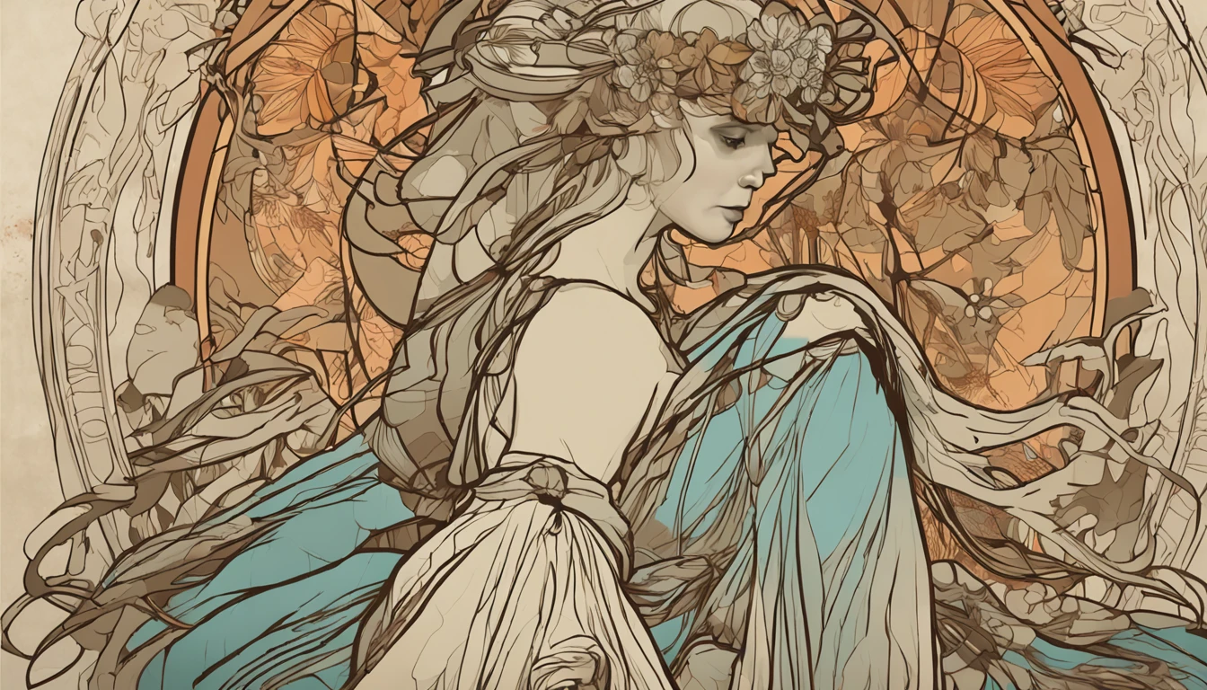 arte de um guerreiro Arte de Alphonse Mucha, sketchfab, linhas de desenhos e cenas sem cores e sombras. (Obra-prima, melhor qualidade, Highres: 1.4), detalhado, detalhes intrincados, 4K, respingos de cor, arte de linha